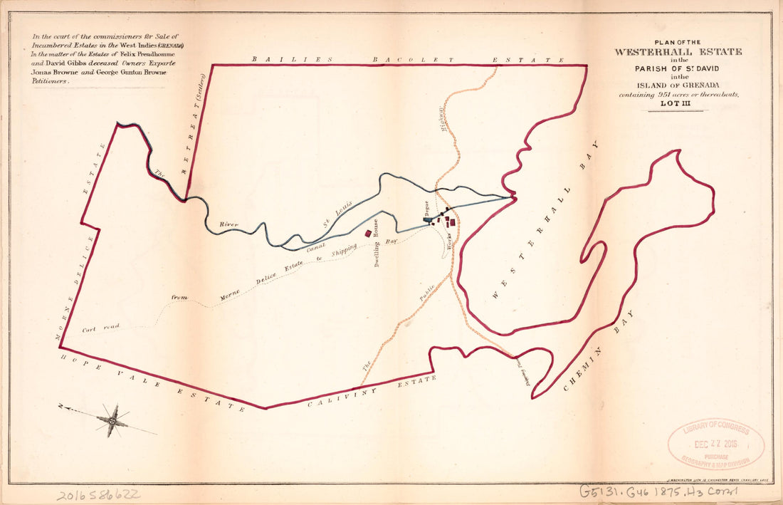 This old map of Plan of the Westerhall Estate from Encumbered Estates In the West Indies (Grenada) from 1875 was created by Vaughan Hards in 1875