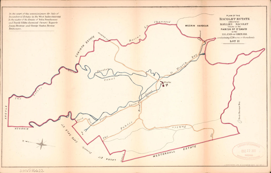 This old map of Plan of the Bacolet Estate from Encumbered Estates In the West Indies (Grenada) from 1875 was created by Vaughan Hards in 1875