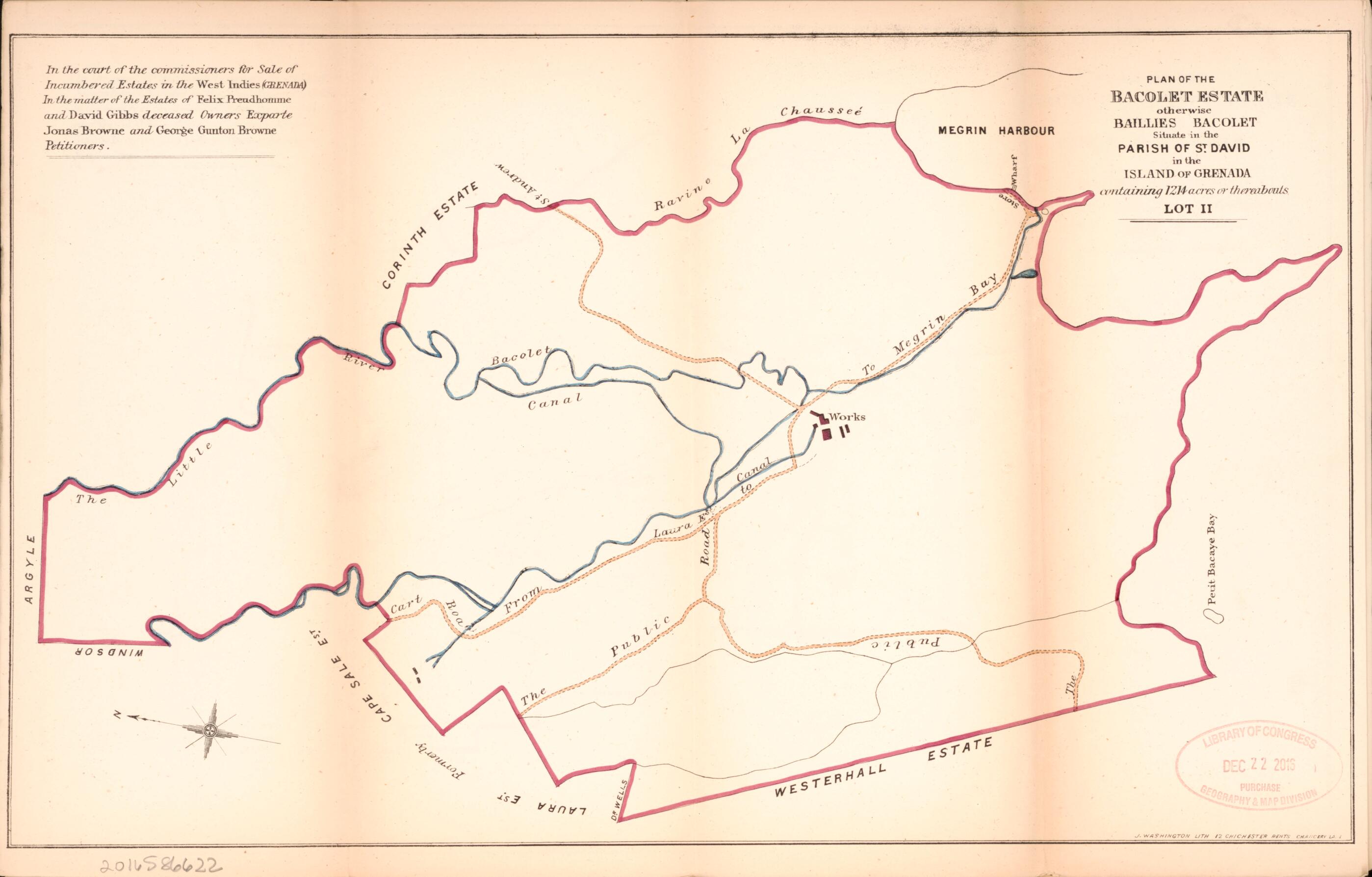 This old map of Plan of the Bacolet Estate from Encumbered Estates In the West Indies (Grenada) from 1875 was created by Vaughan Hards in 1875