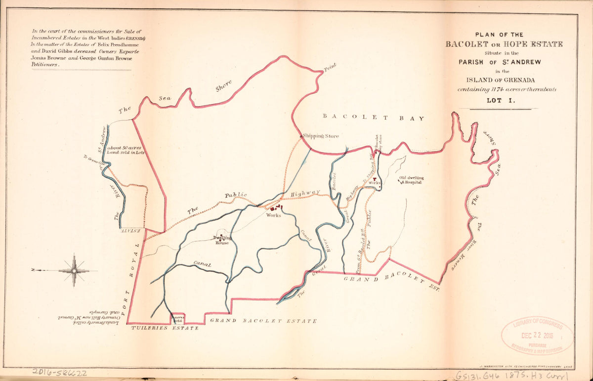 Plan of the Bacolet Or Hope Estate from Encumbered Estates In the West Indies (Grenada) 1875 by Relic Map Company