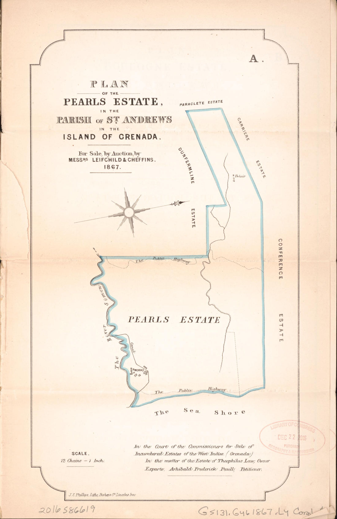 This old map of Plan of the Pearls Estate from Encumbered Estates In the West Indies (Grenada) from 1867 was created by Leifchild & Cheffins (Firm) in 1867