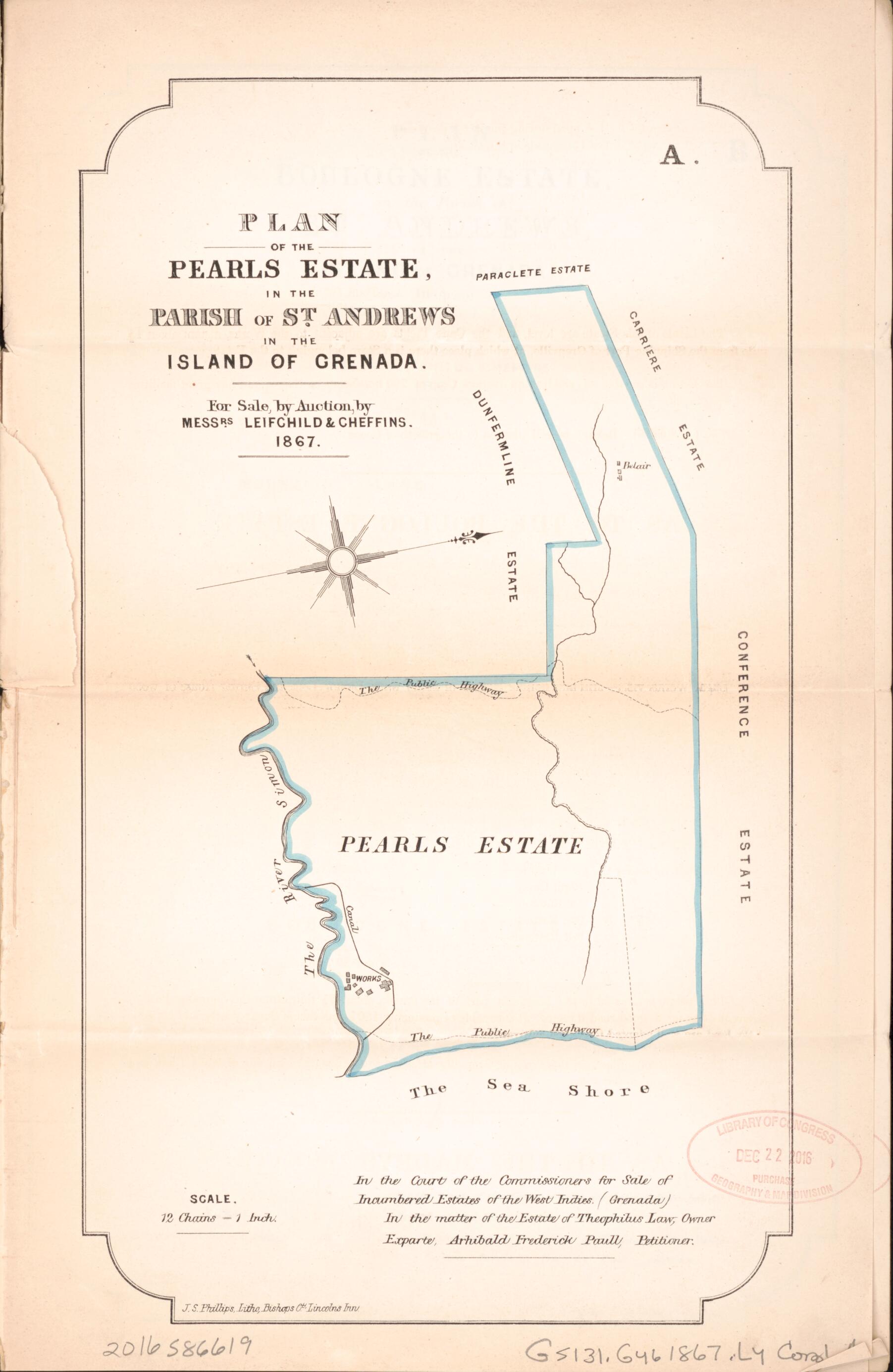This old map of Plan of the Pearls Estate from Encumbered Estates In the West Indies (Grenada) from 1867 was created by Leifchild & Cheffins (Firm) in 1867