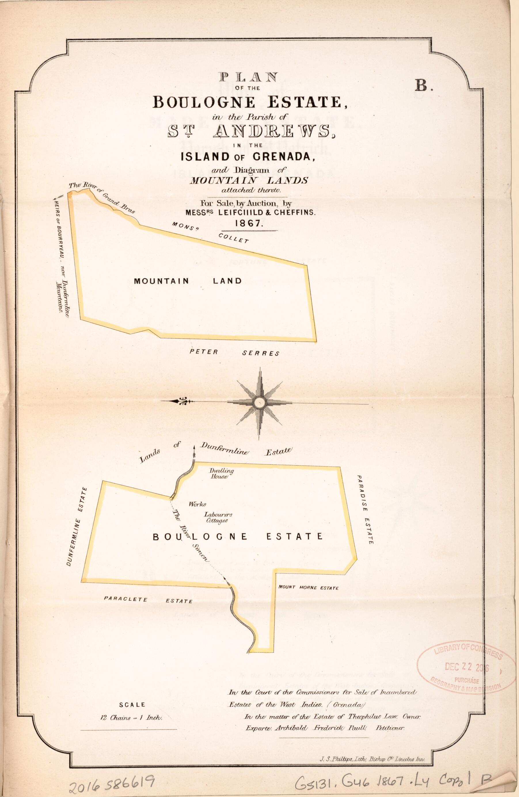 This old map of Plan of the Boulogne Estate from Encumbered Estates In the West Indies (Grenada) from 1867 was created by Leifchild & Cheffins (Firm) in 1867