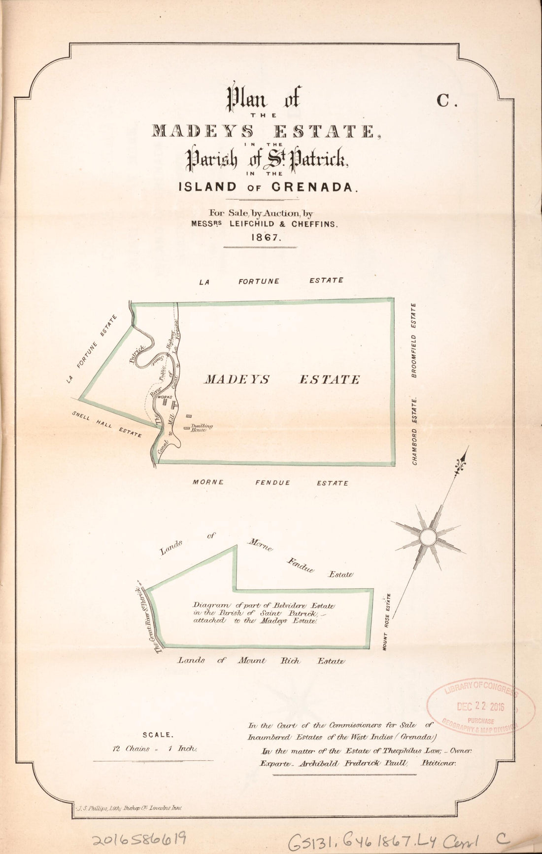 This old map of Plan of the Madeys Estate from Encumbered Estates In the West Indies (Grenada) from 1867 was created by Leifchild & Cheffins (Firm) in 1867