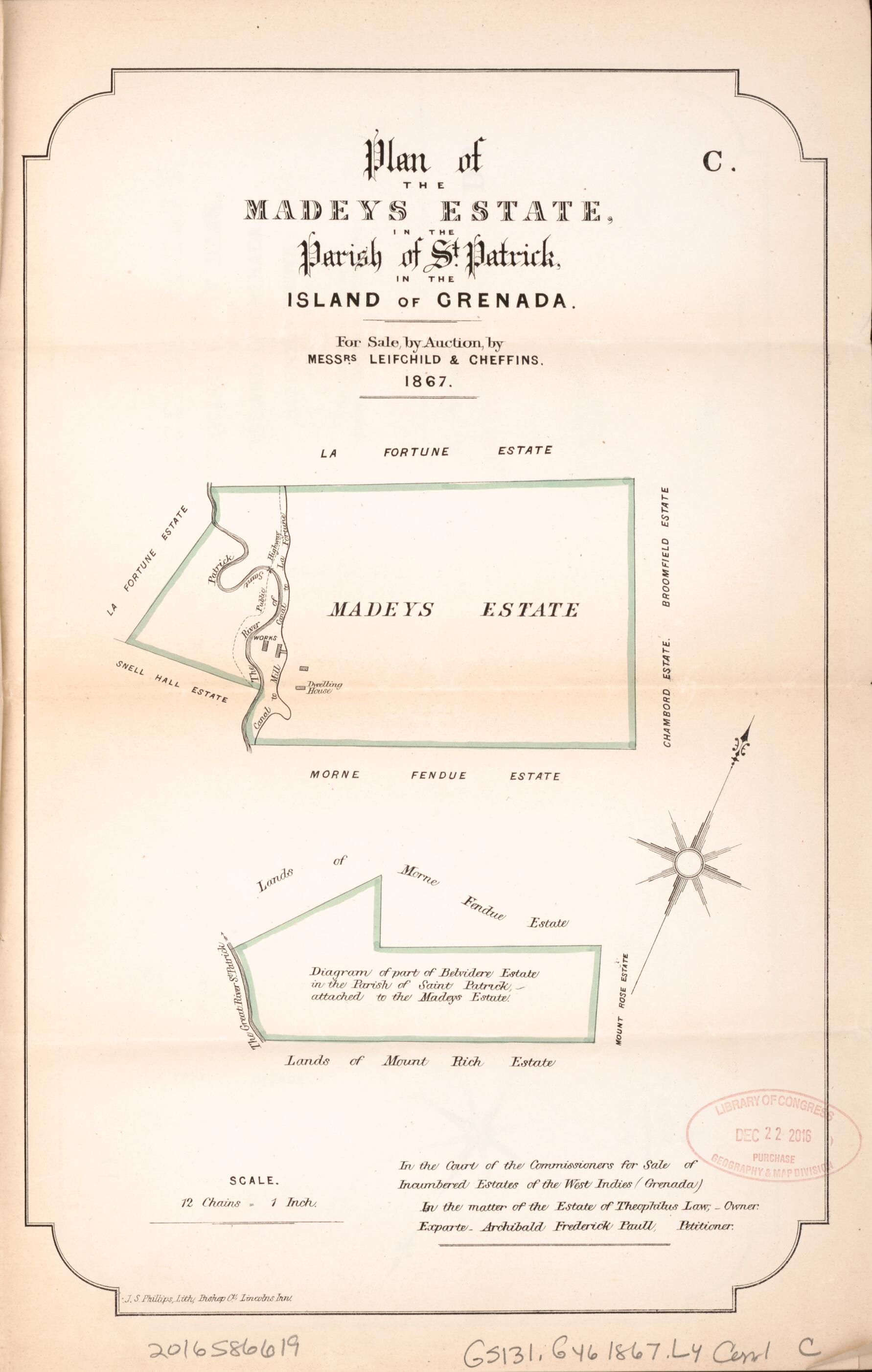 This old map of Plan of the Madeys Estate from Encumbered Estates In the West Indies (Grenada) from 1867 was created by Leifchild & Cheffins (Firm) in 1867