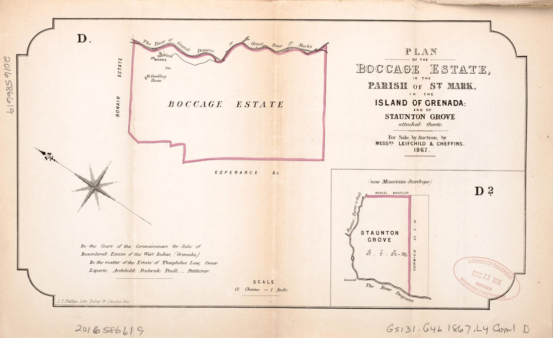 This old map of Plan of the Boccage Estate from Encumbered Estates In the West Indies (Grenada) from 1867 was created by Leifchild & Cheffins (Firm) in 1867
