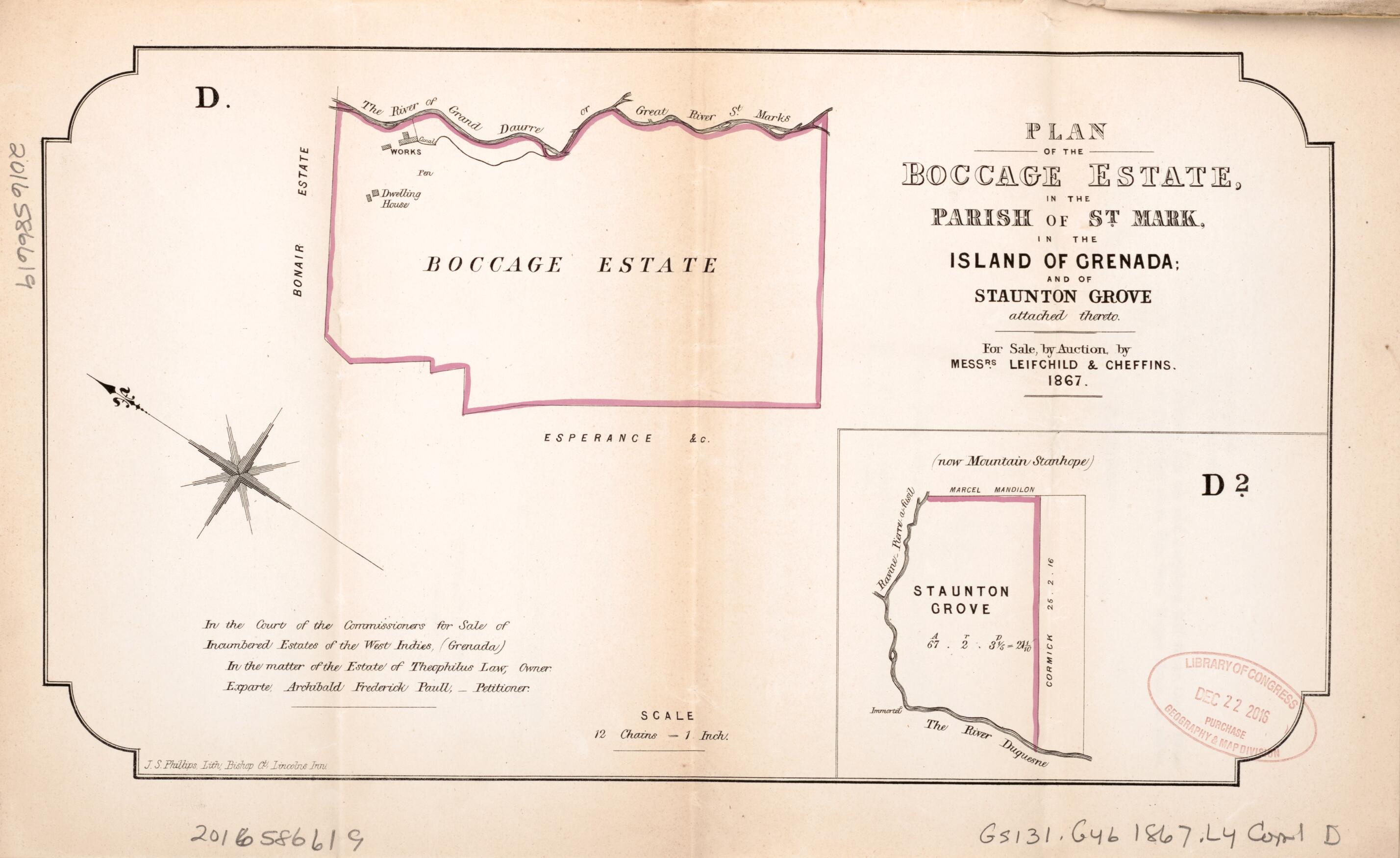 This old map of Plan of the Boccage Estate from Encumbered Estates In the West Indies (Grenada) from 1867 was created by Leifchild & Cheffins (Firm) in 1867