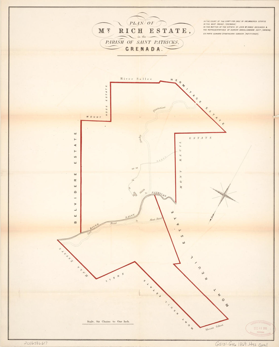 This old map of Plan of Mt. Rich Estate from Encumbered Estates In the West Indies (Grenada) from 1869 was created by Vaughan & Leifchild (Firm) Hards in 1869
