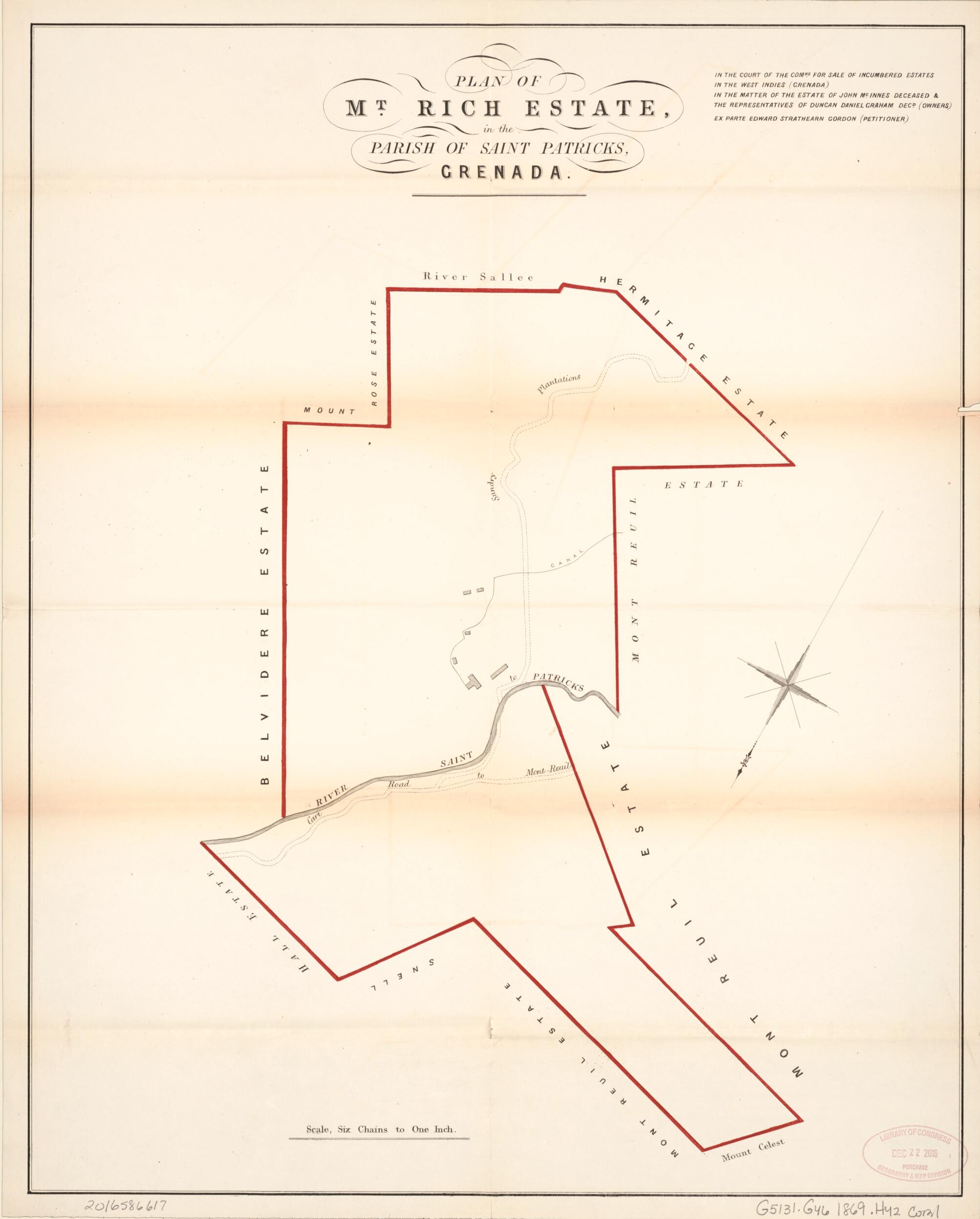 This old map of Plan of Mt. Rich Estate from Encumbered Estates In the West Indies (Grenada) from 1869 was created by Vaughan & Leifchild (Firm) Hards in 1869