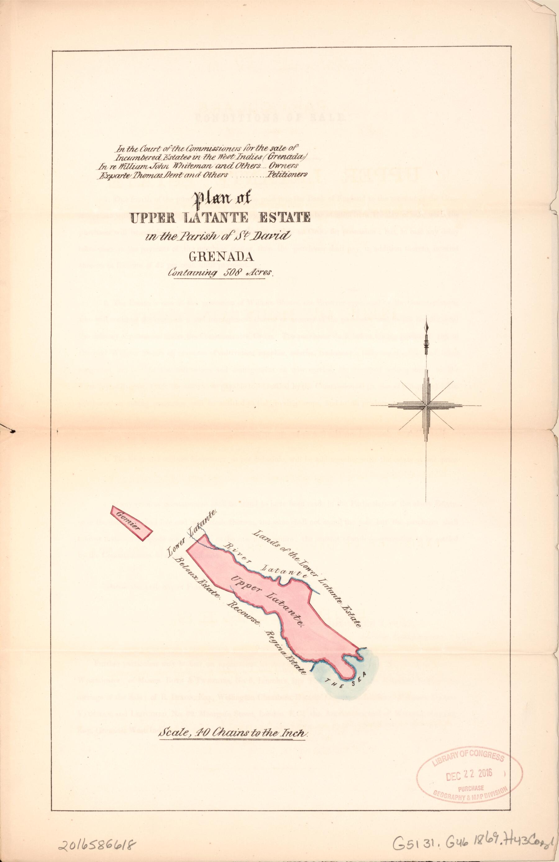 This old map of Plan of Upper Latante Estate from Encumbered Estates In the West Indies (Grenada) from 1869 was created by Vaughan & Leifchild (Firm) Hards in 1869