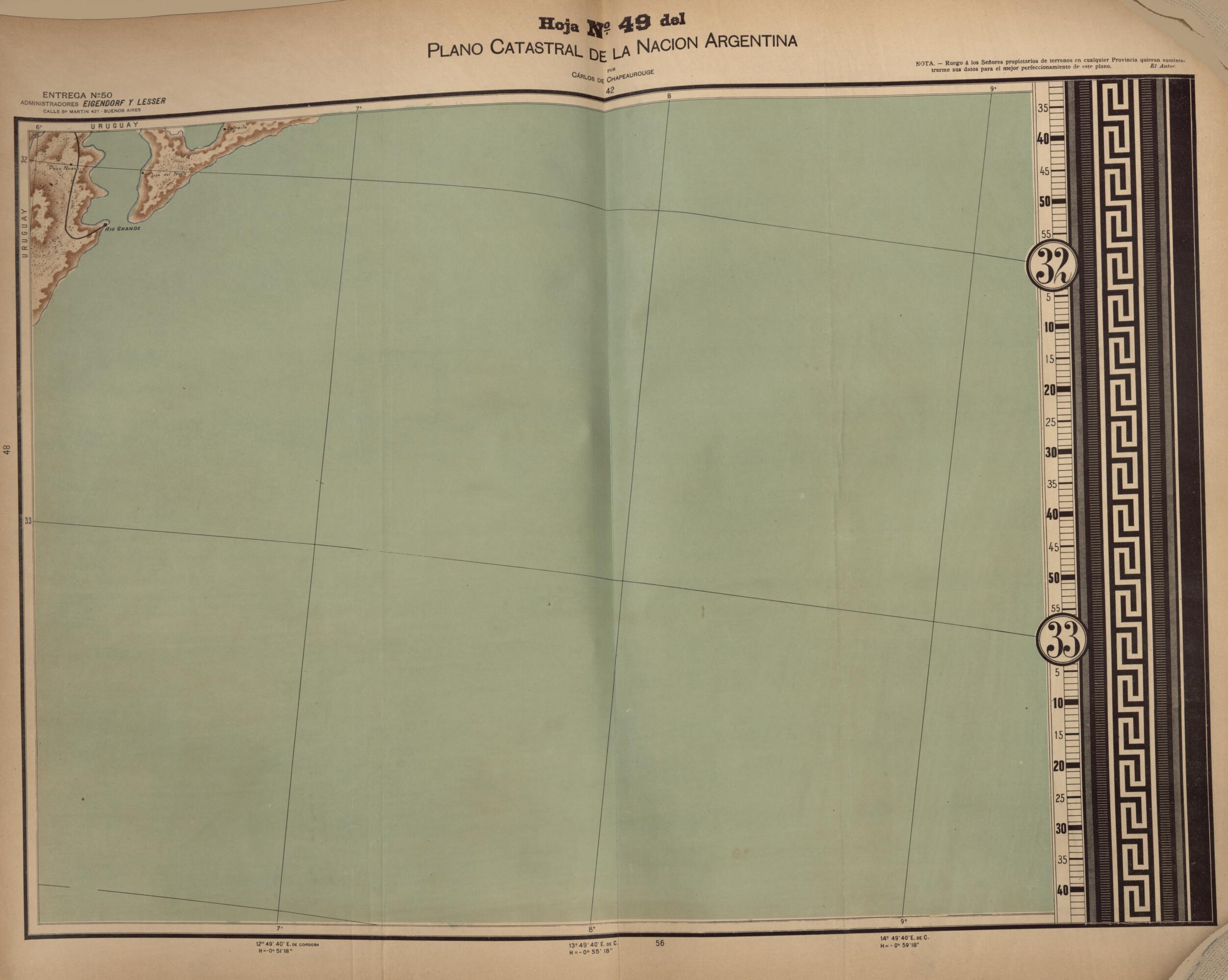 This old map of Plano Catastral De La Nacion Hoja No. 49 from República Argentina from 1905 was created by Carlos De Chapeaurouge in 1905