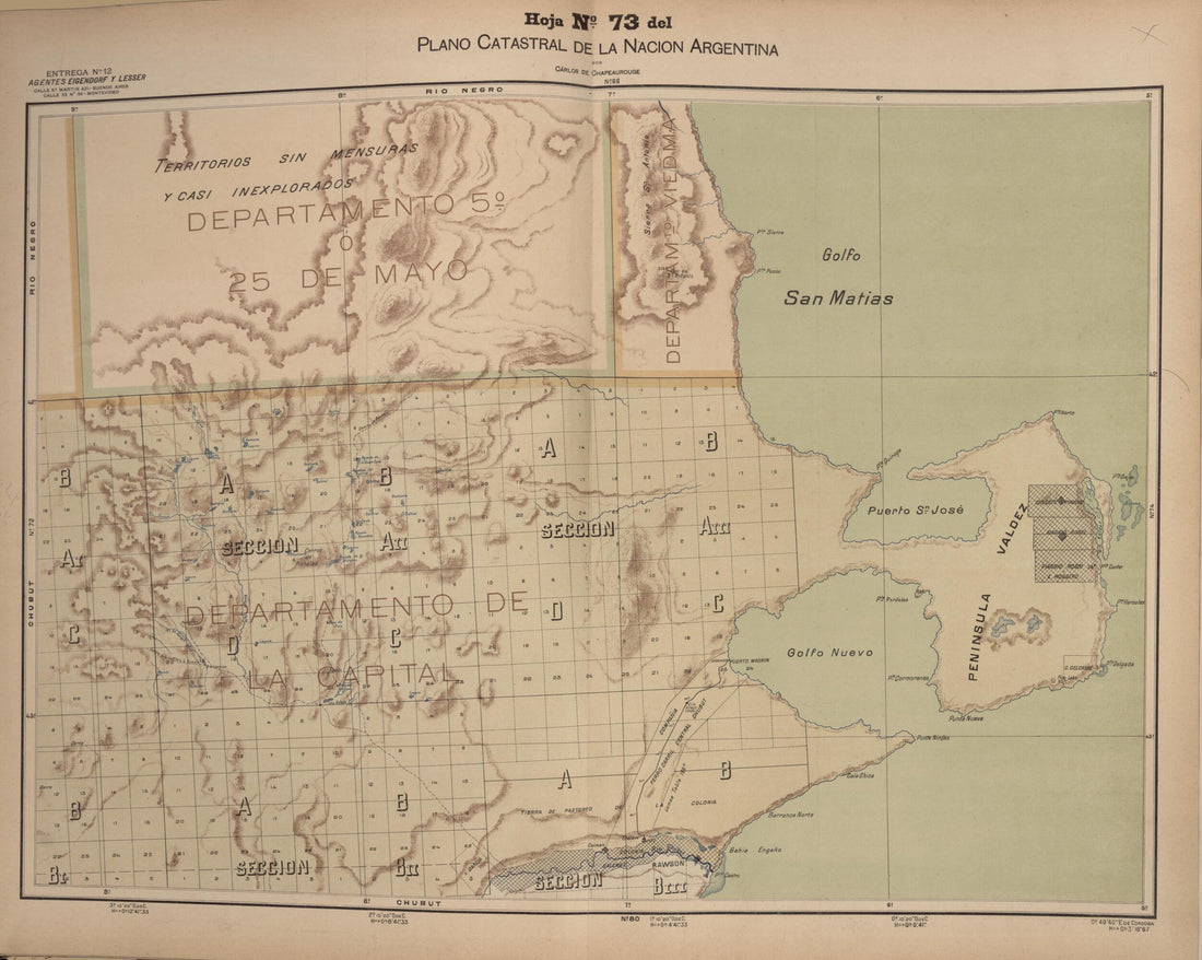 This old map of Plano Catastral De La Nacion Hoja No. 73 from República Argentina from 1905 was created by Carlos De Chapeaurouge in 1905