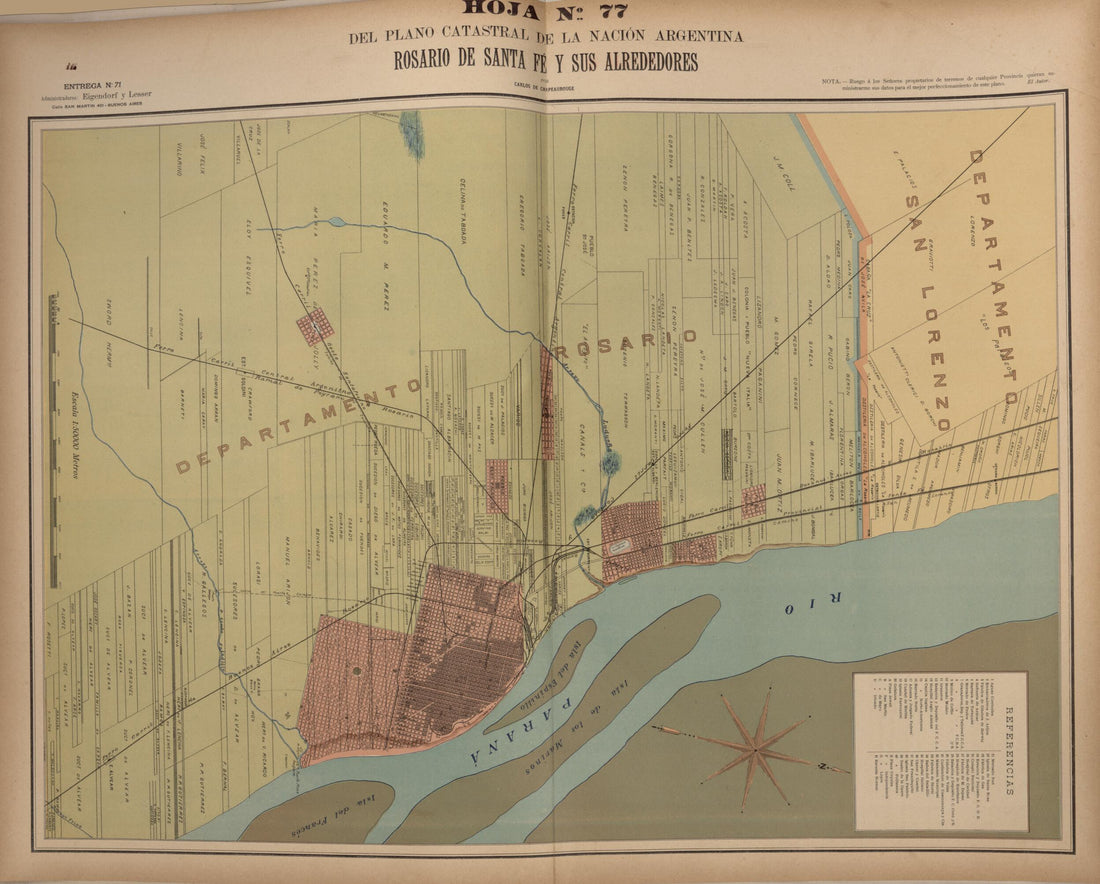 This old map of Plano Catastral De La Nacion Hoja No. 77 from República Argentina from 1905 was created by Carlos De Chapeaurouge in 1905