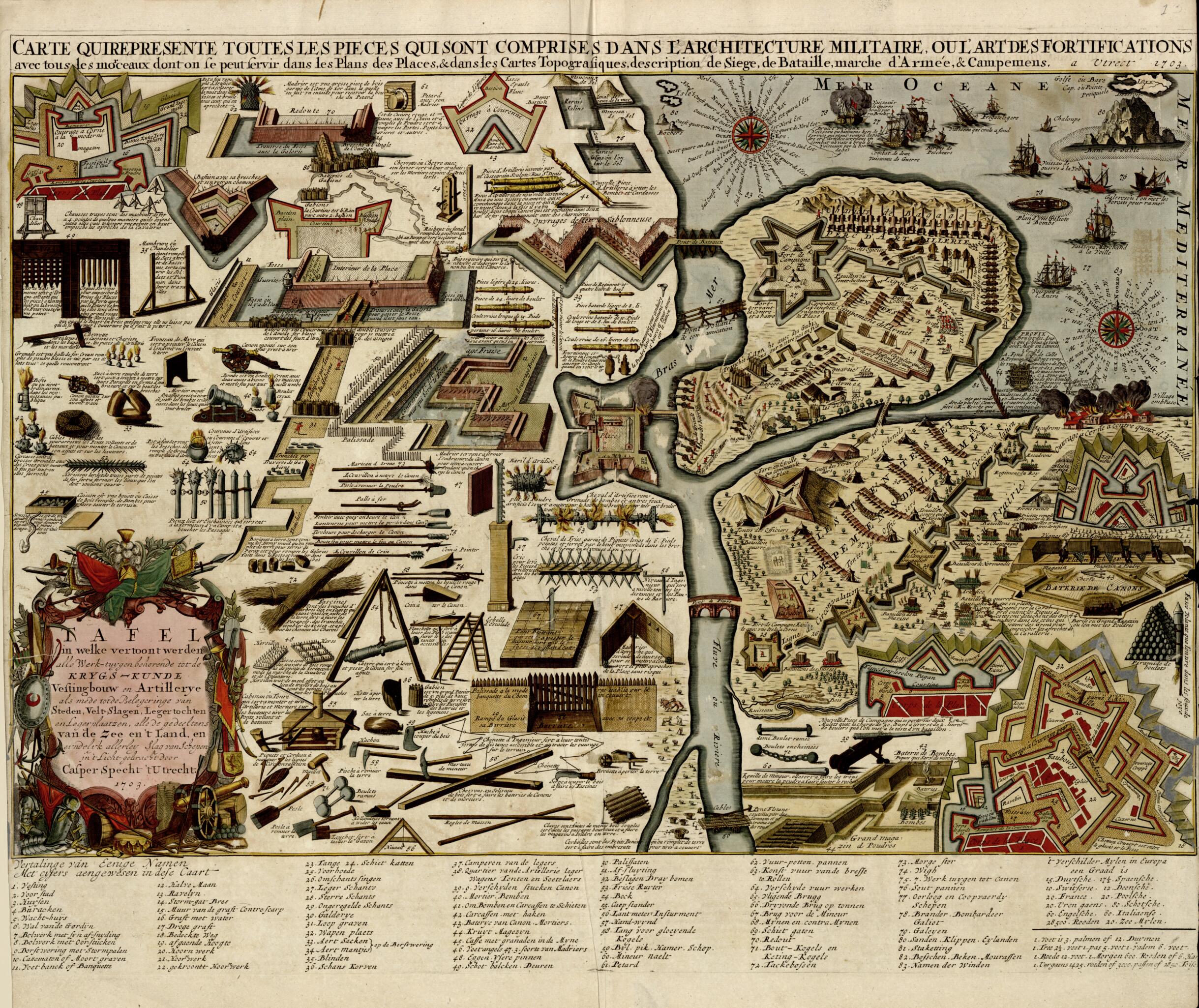 This old map of Tafel In Welke Vertoont Werden Alle Werk-tuygen Behorende Tot De Krygs-kunde from a Collection of Plans of Fortifications and Battles, 1684-from 1709 from 1709 was created by Anna Beeck in 1709