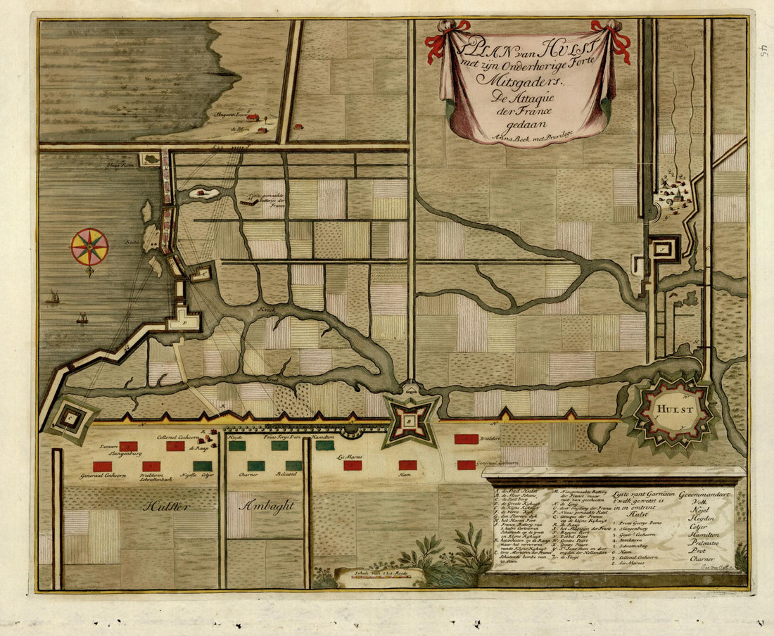 This old map of Plan Van Hulst Met Zyn Onderhorige Forte Mitgaders De Attaque Der France from a Collection of Plans of Fortifications and Battles, 1684-from 1709 from 1709 was created by Anna Beeck in 1709