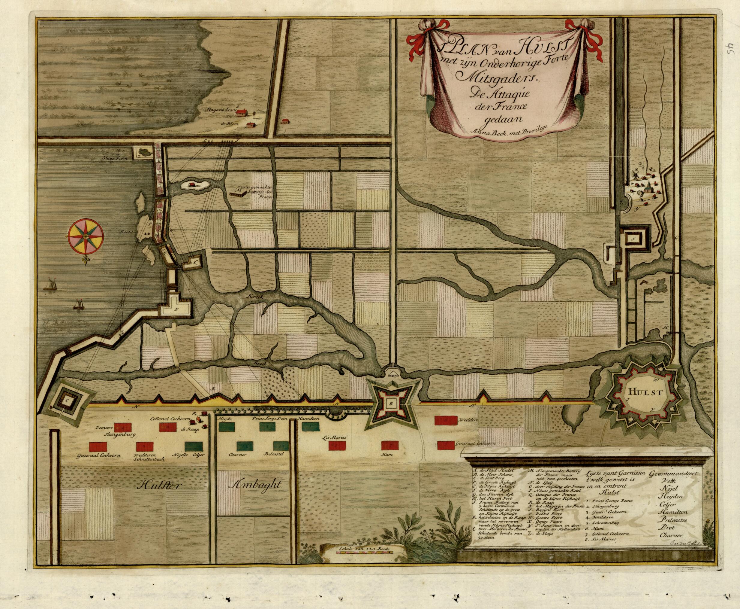 This old map of Plan Van Hulst Met Zyn Onderhorige Forte Mitgaders De Attaque Der France from a Collection of Plans of Fortifications and Battles, 1684-from 1709 from 1709 was created by Anna Beeck in 1709