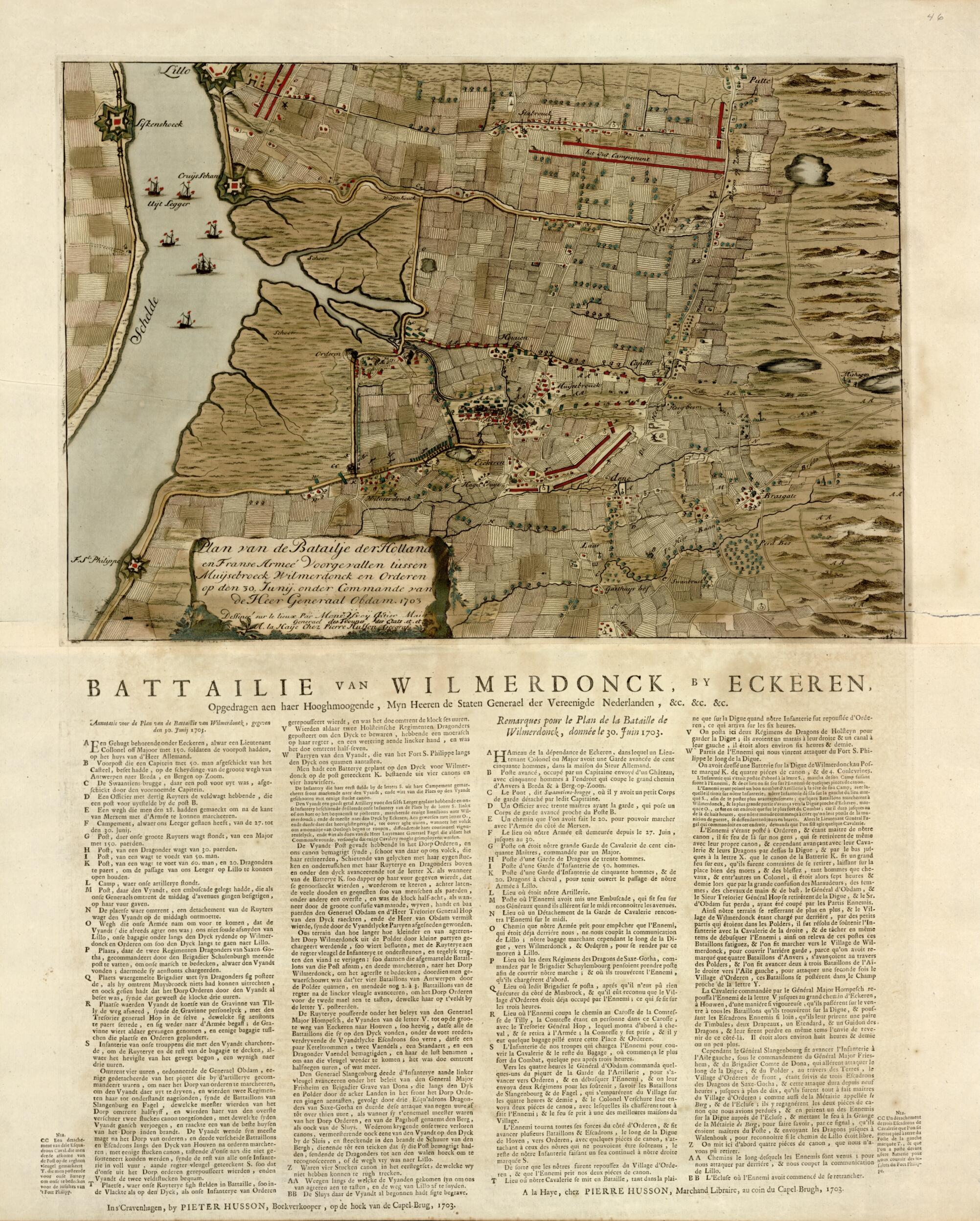 This old map of Plan Van De Batailje Der Holland En Franse... Muysebroeck Wilmerdonck from a Collection of Plans of Fortifications and Battles, 1684-from 1709 from 1709 was created by Anna Beeck in 1709