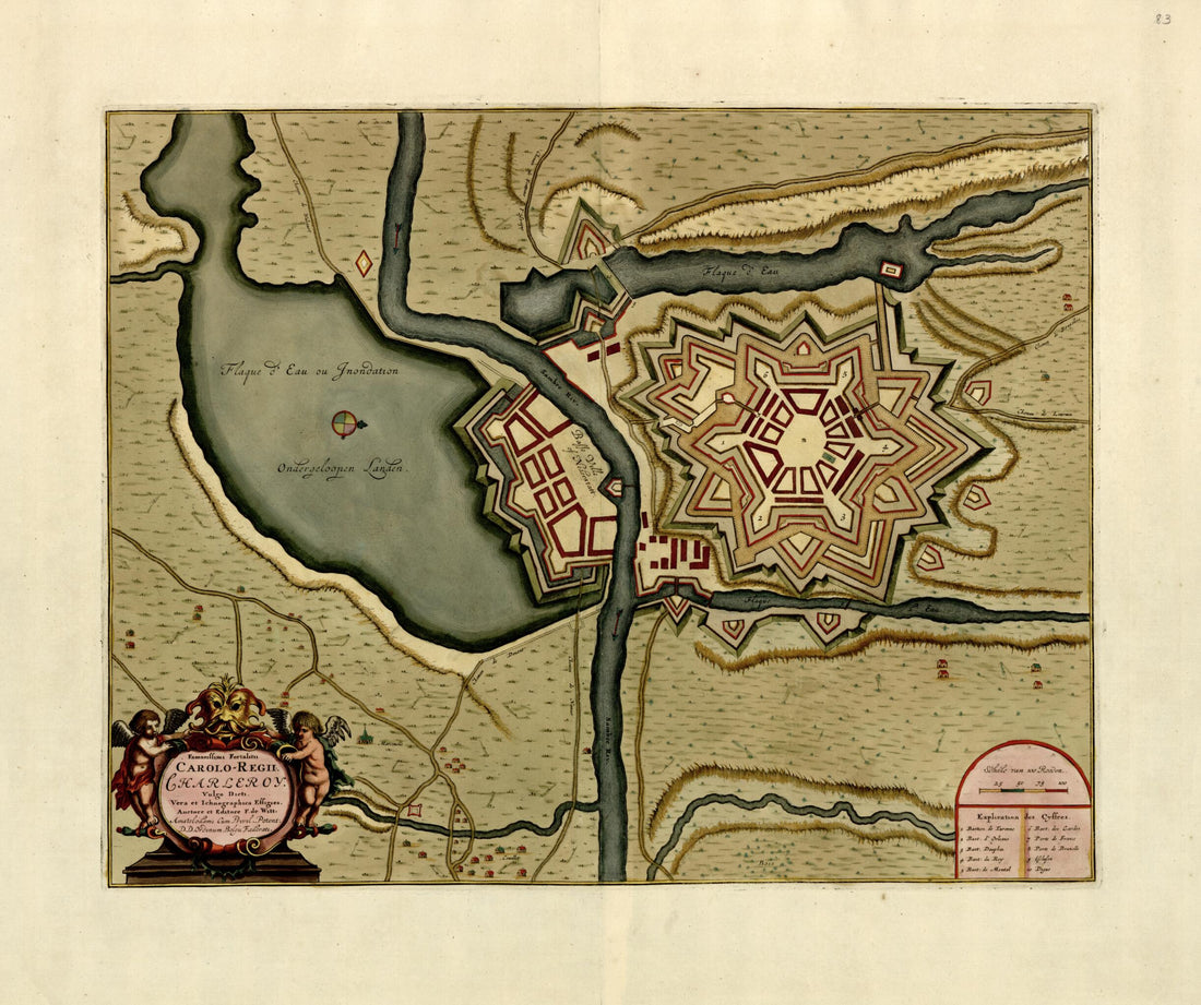 This old map of Famosissimi Fortalitu Charleroy Vulgo Dicti Vera Ichnographica Effigies from a Collection of Plans of Fortifications and Battles, 1684-from 1709 from 1709 was created by Anna Beeck in 1709