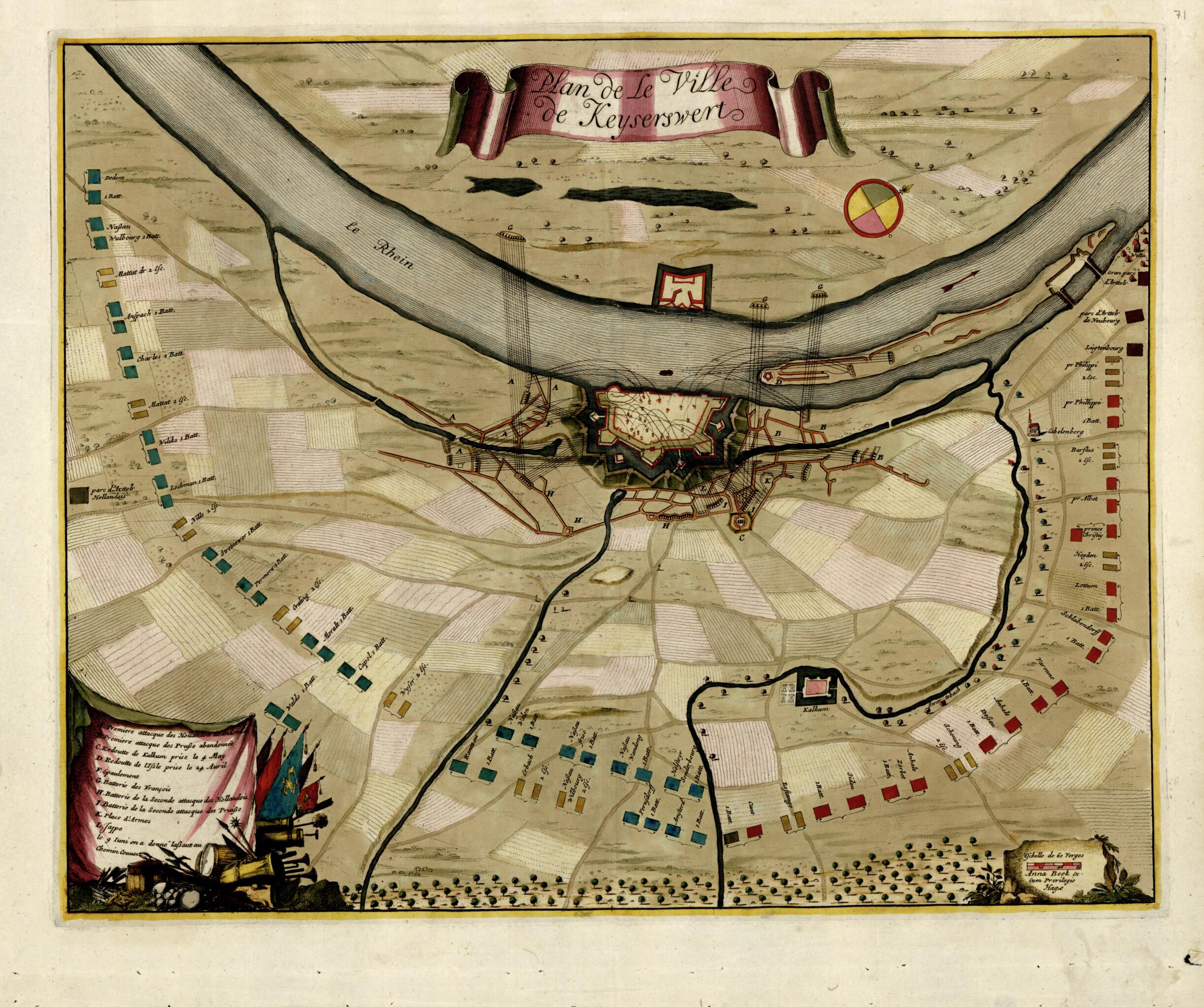 This old map of Plan De La Ville De Keyserewert from a Collection of Plans of Fortifications and Battles, 1684-from 1709 from 1709 was created by Anna Beeck in 1709