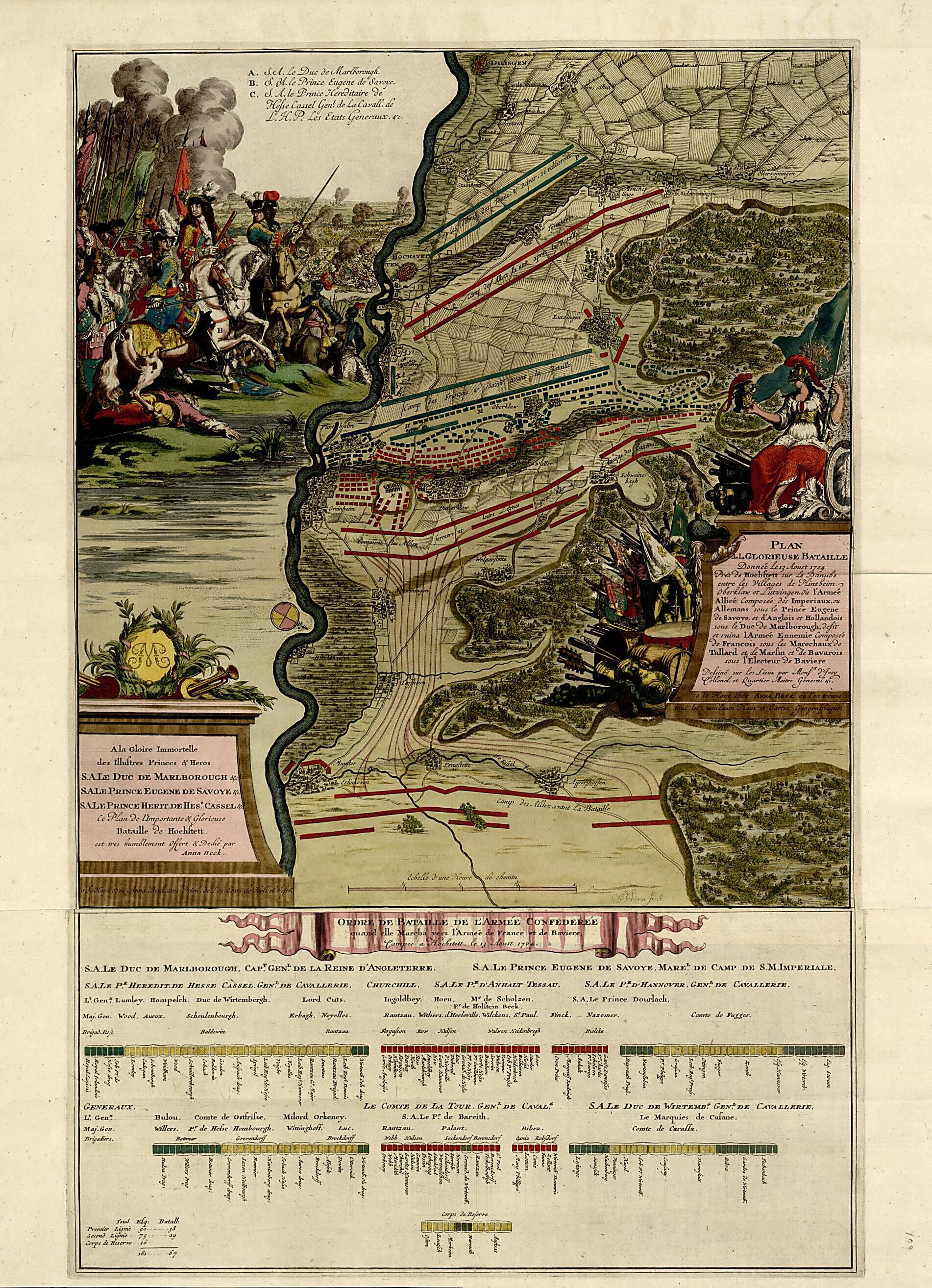 This old map of Plan De La Glorieuse Bataille Donnee...villages De Plintheim, Oberklaw Et Lutzigen from a Collection of Plans of Fortifications and Battles, 1684-from 1709 from 1709 was created by Anna Beeck in 1709