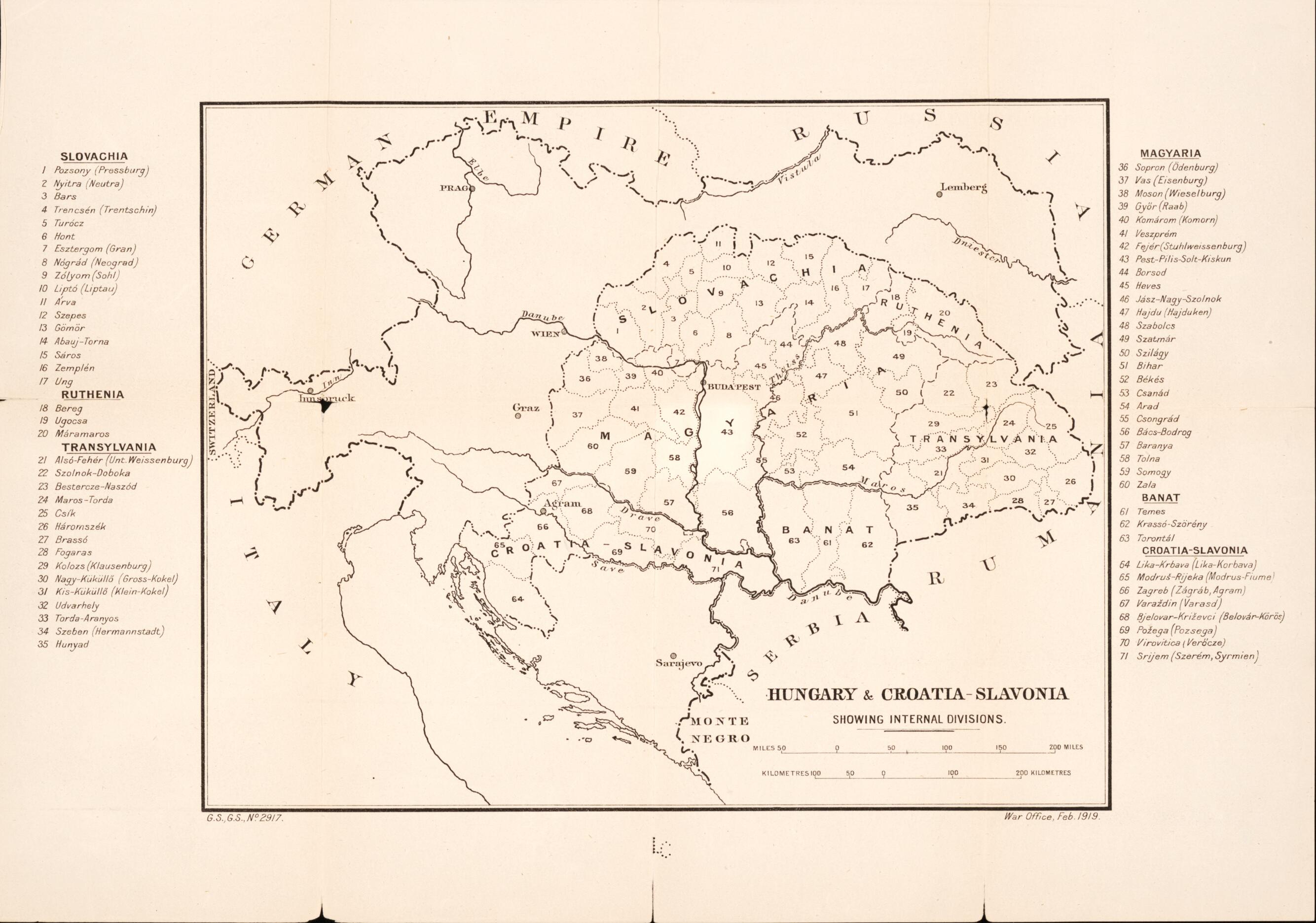 This old map of Hungary & Croatia-Slavonia from Maps of Austria-Hungary. from 1919 was created by Great Britain. War Office. General Staff in 1919