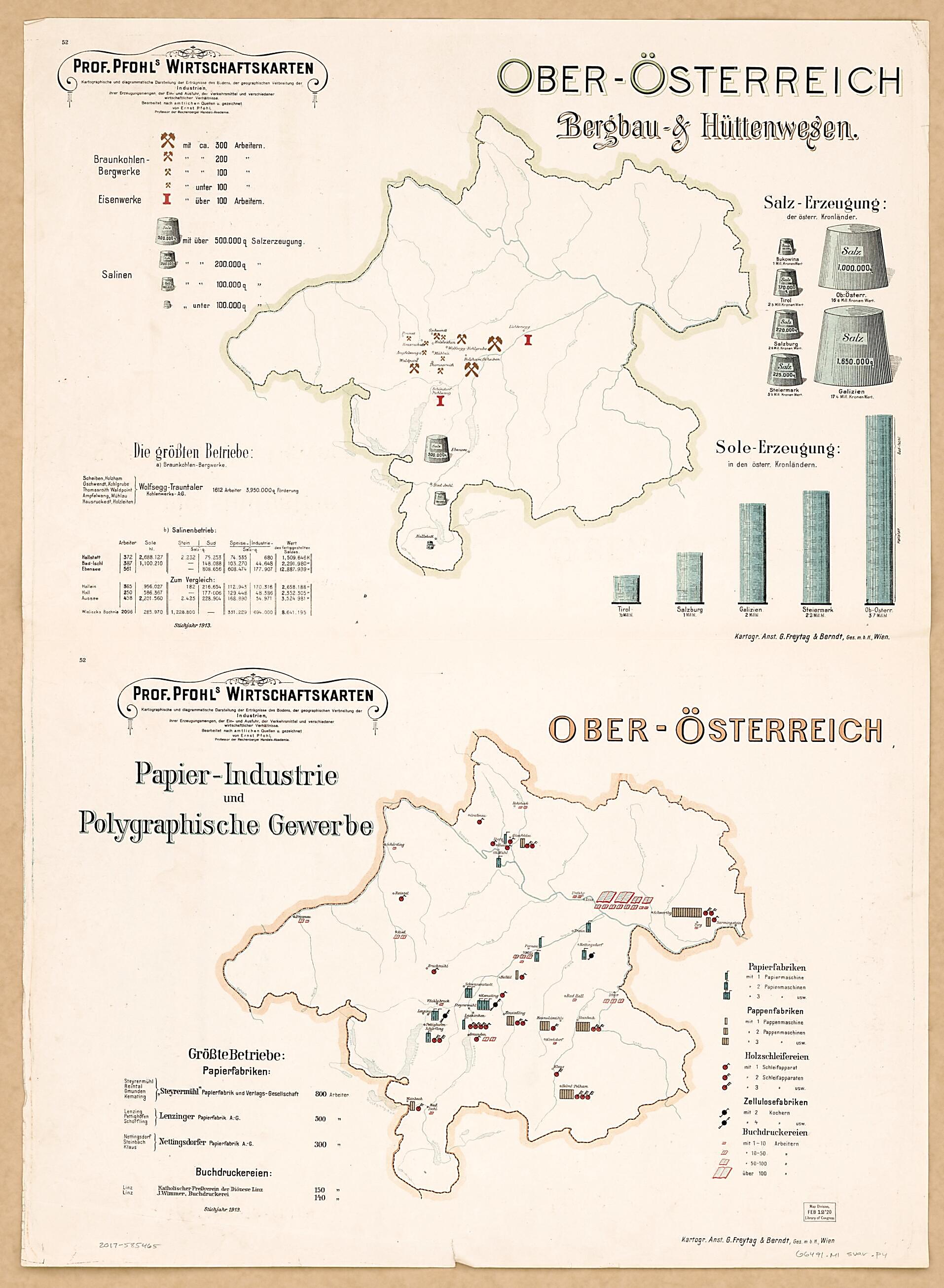 This old map of Ober Osterrreich Bergbau & Huttenwesen; Ober Osterrreich Papier-Industrie Und Polygraphische Gewerbe from Prof. Pfohls Wirtschaftskarten from 1913 was created by Ernst Pfohl in 1913