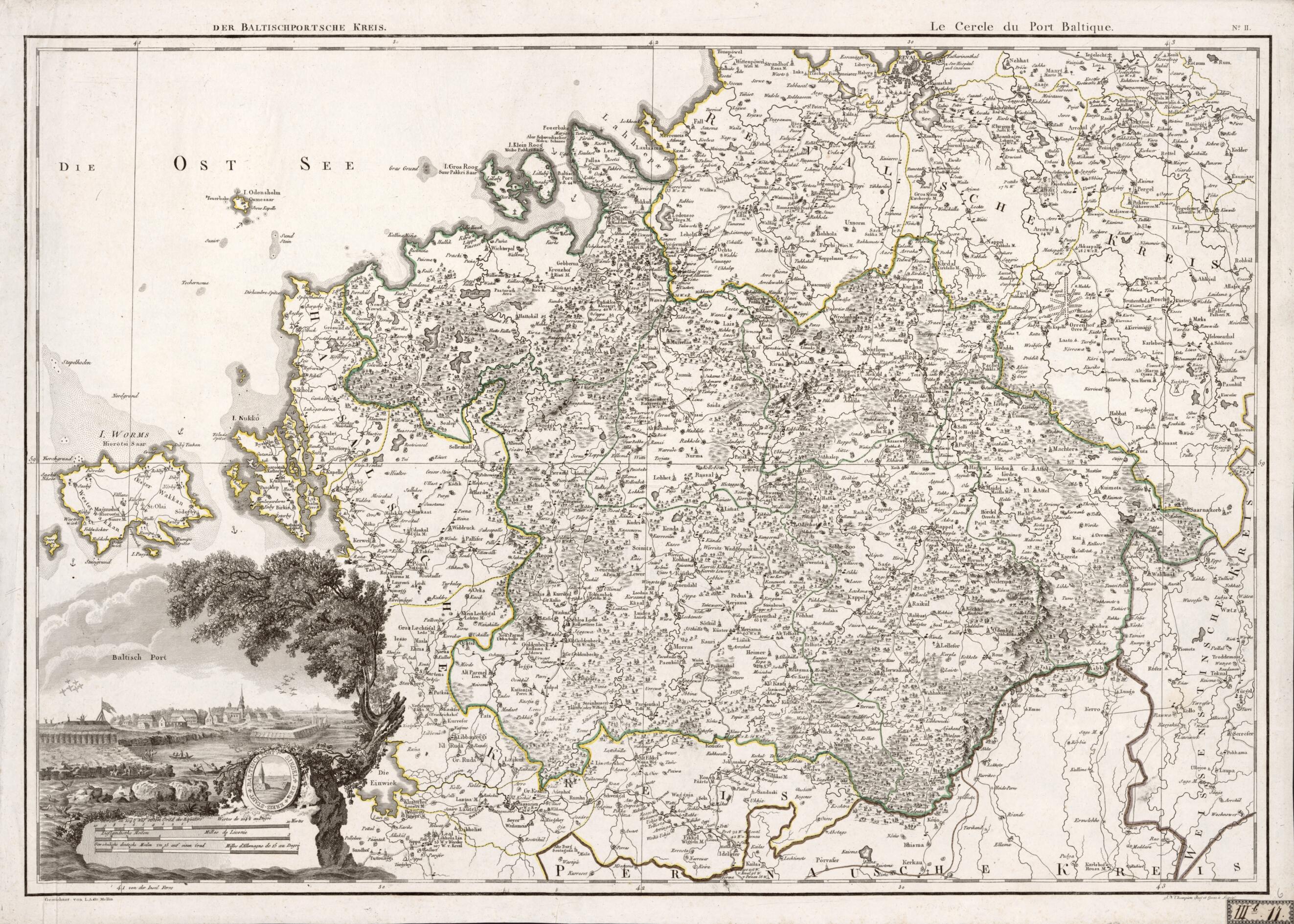 This old map of No. II: Der Baltischportsche Kreis; Le Cercle Du Port Baltique from Atlas De La Livonie Ou Des Deux Gouvernemens Et Duchés De Livonie Et D&