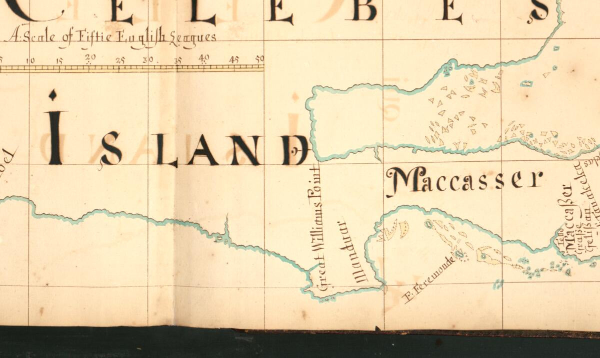 This old map of 89) Celebes Island from Buccaneer Atlas from 1690 was created by William Hacke in 1690
