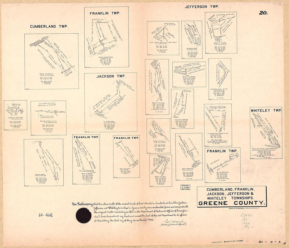 This old map of Cumberland, Franklin, Jackson, Jefferson & Whiteley Townships, Greene County from 1920 was created by John H. Campbell, Pennsylvania. Bureau of Land Records in 1920