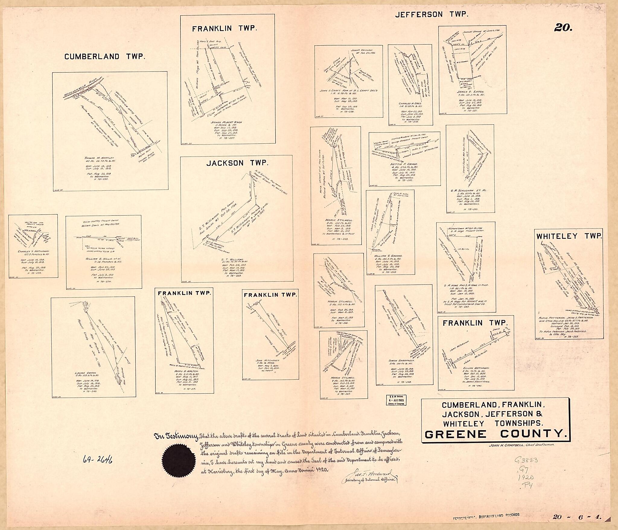 This old map of Cumberland, Franklin, Jackson, Jefferson & Whiteley Townships, Greene County from 1920 was created by John H. Campbell, Pennsylvania. Bureau of Land Records in 1920