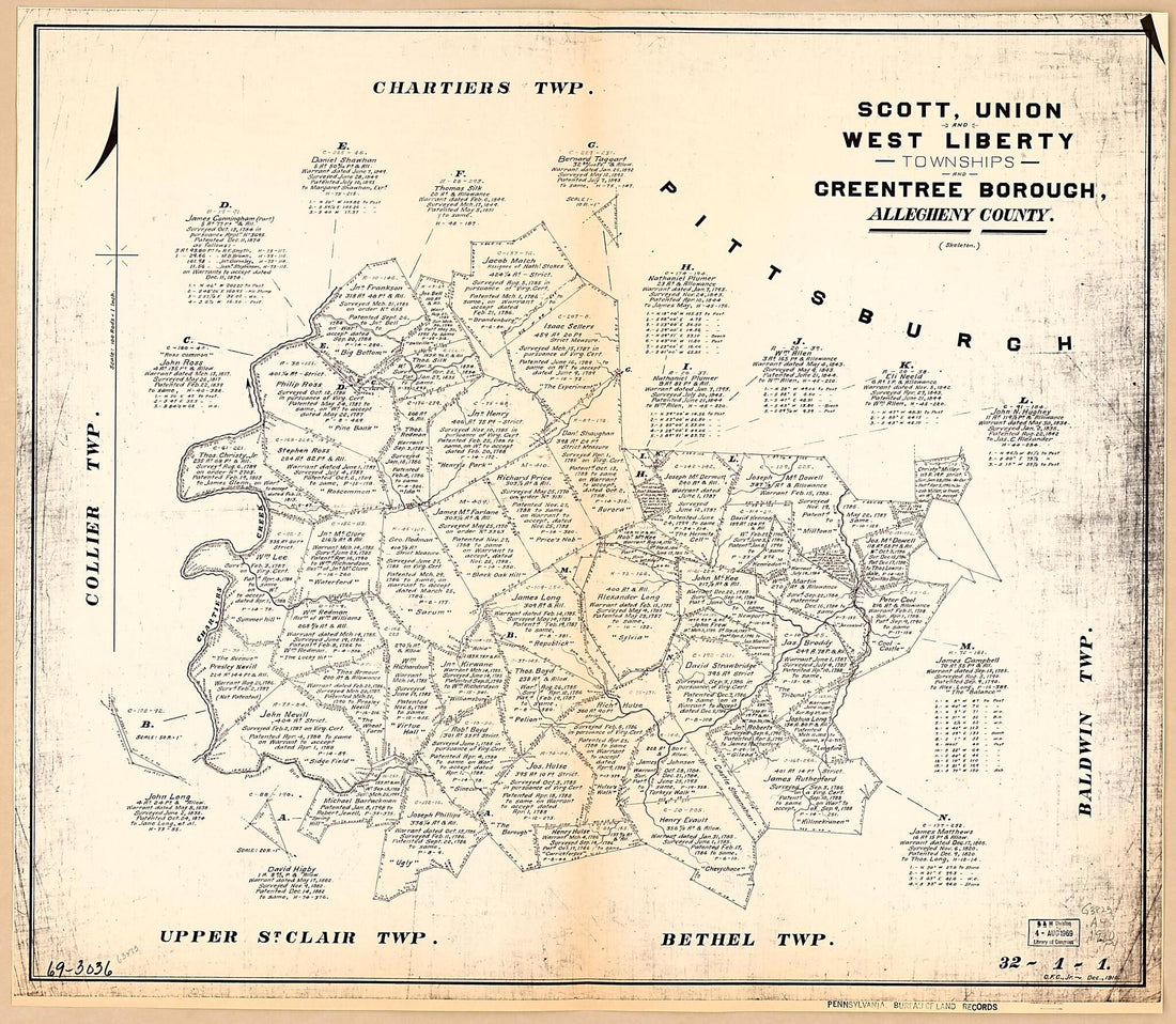 This old map of Scott, Union and West Liberty Townships and Greentree Borough, Allegheny County. (Skeleton) from 1910 was created by Pennsylvania. Bureau of Land Records in 1910