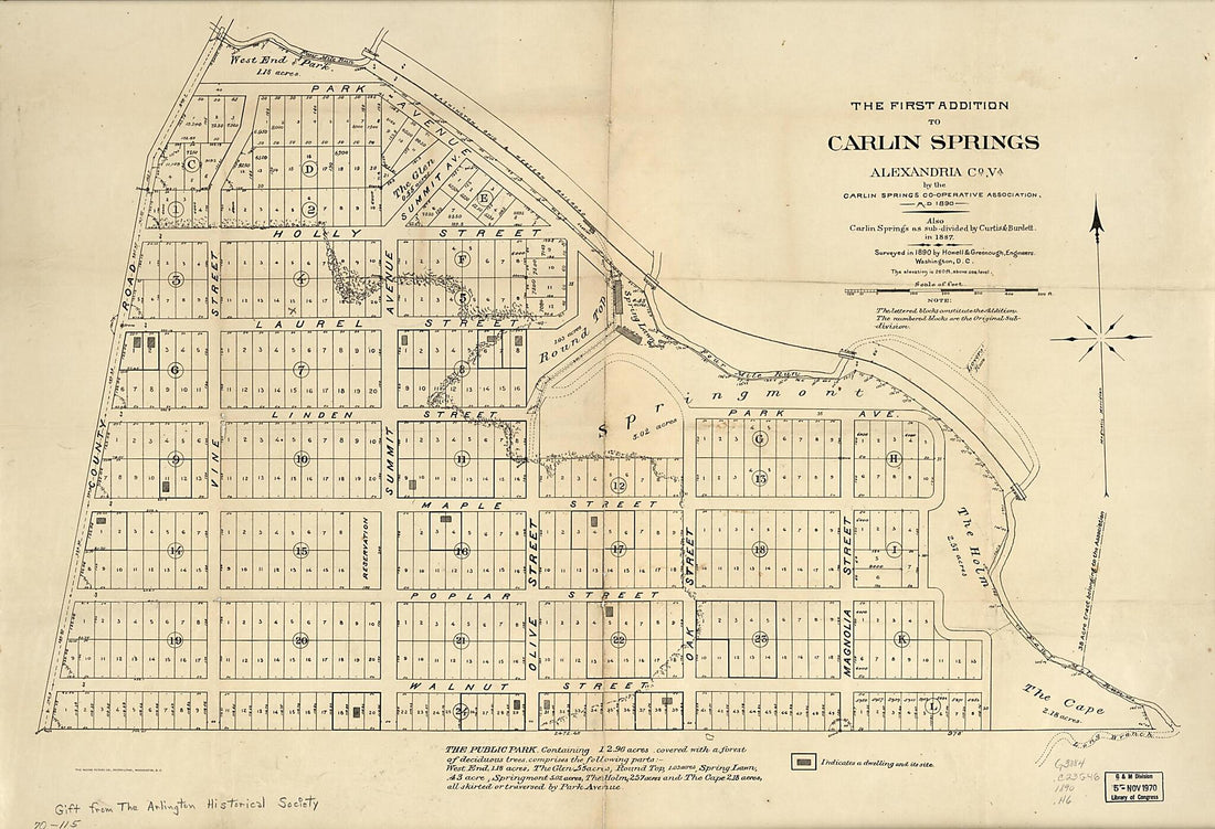 This old map of The First Addition to Carlin Springs, Alexandria County, Va from 1890 was created by Operative Association, Curtis & Burdett, Howell & Greenough, Norris Peters Co in 1890