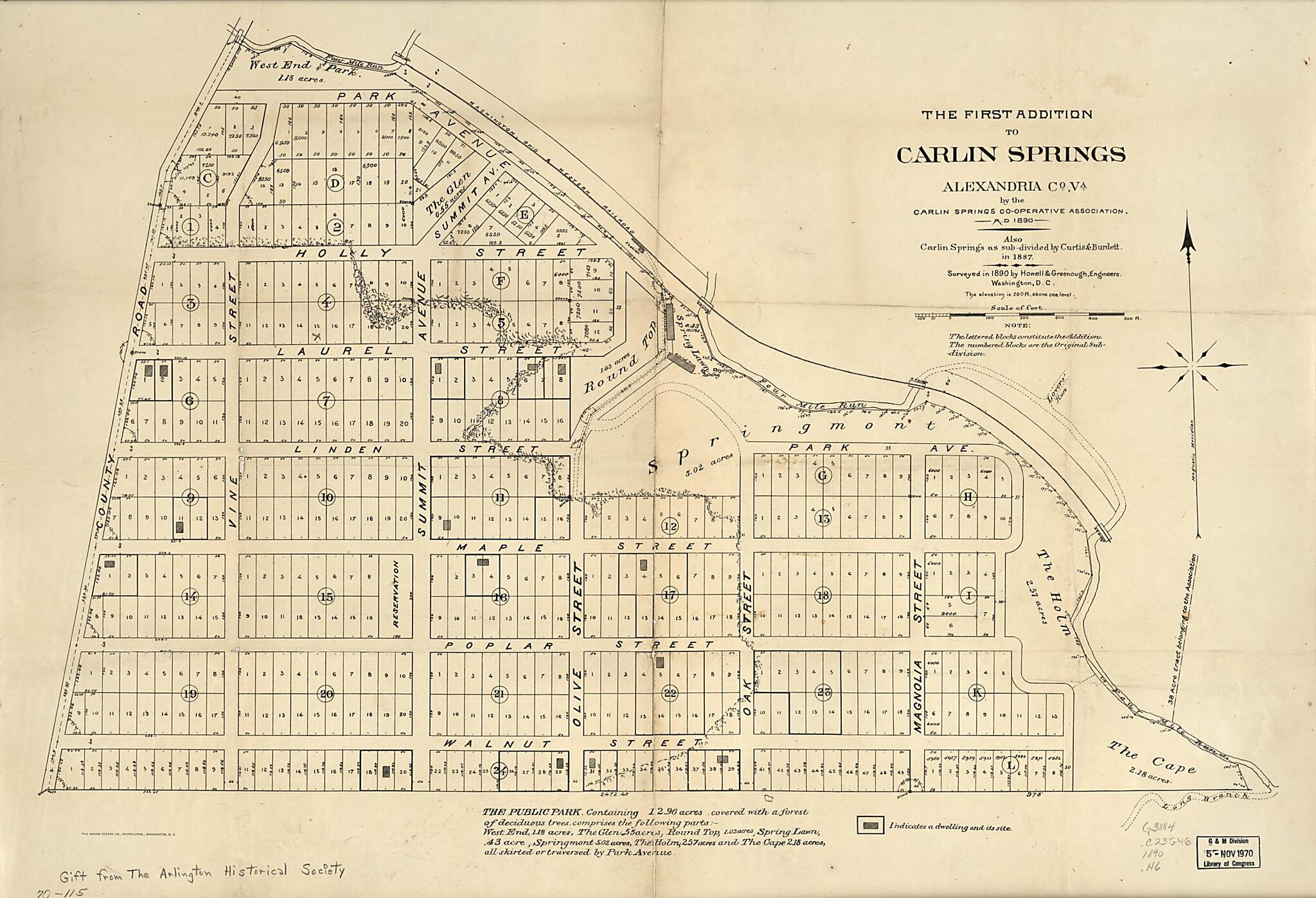 This old map of The First Addition to Carlin Springs, Alexandria County, Va from 1890 was created by Operative Association, Curtis & Burdett, Howell & Greenough, Norris Peters Co in 1890