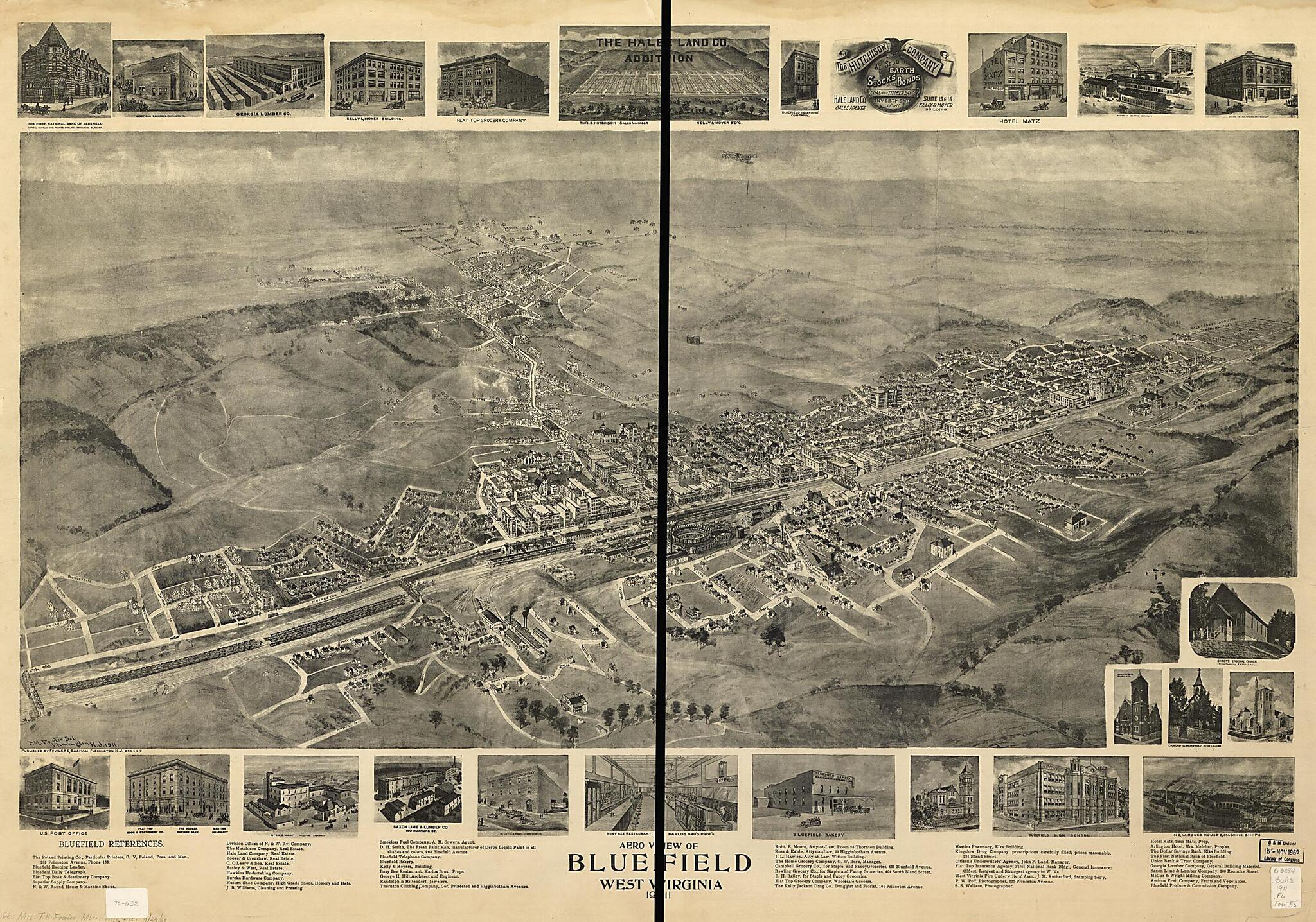This old map of Aero View of Bluefield, West Virginia from 1911 was created by Fowler & Basham, T. M. (Thaddeus Mortimer) Fowler in 1911