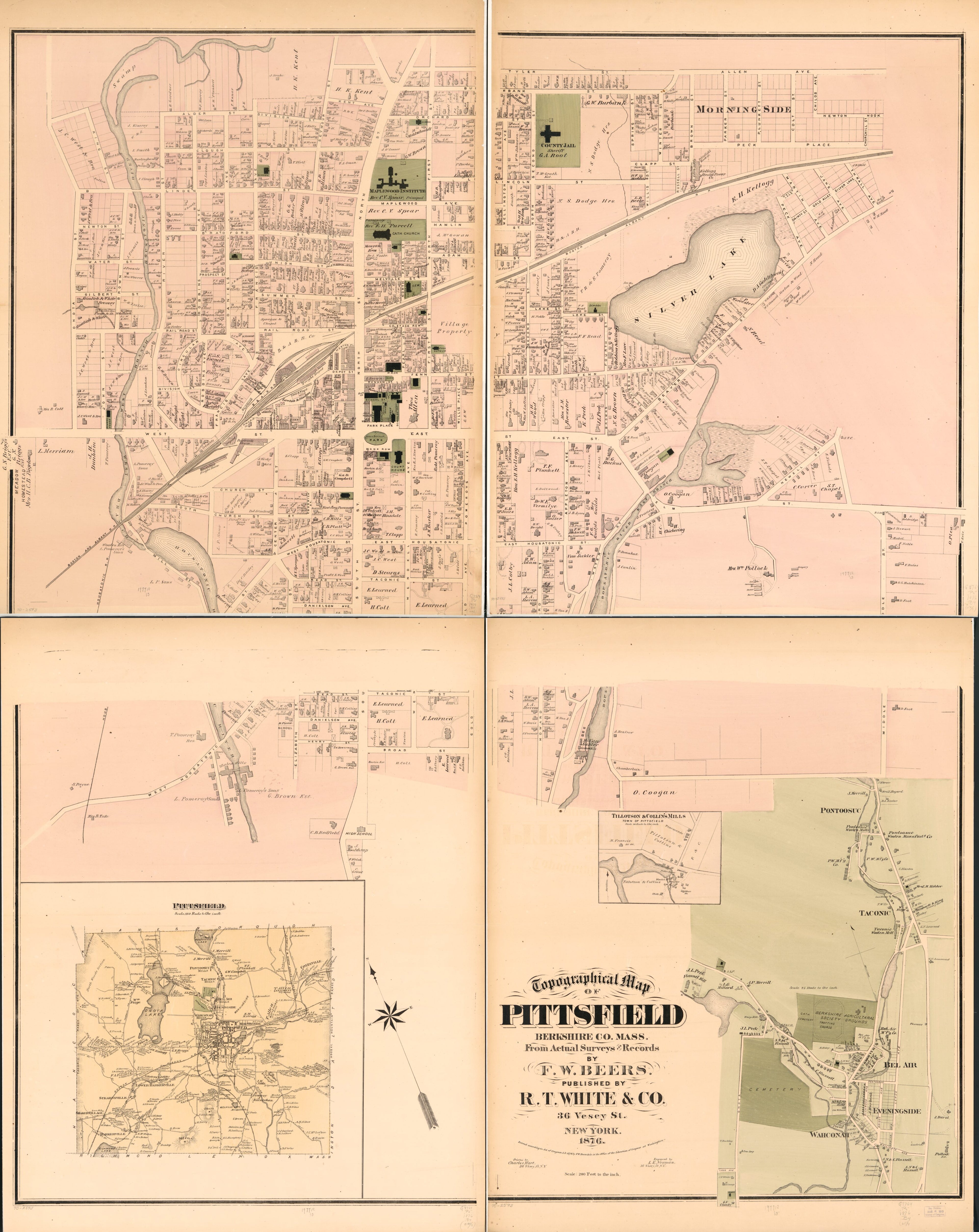 This old map of Topographical Map of Pittsfield, Berkshire Co., Massachusetts from 1876 was created by F. W. (Frederick W.) Beers in 1876