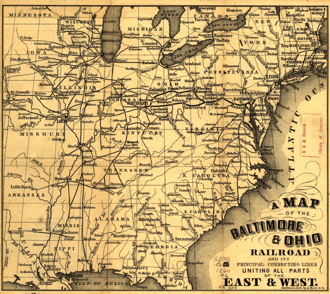 This old map of A Map of the Baltimore & Ohio Railroad and Its Principal Connecting Lines Uniting All Parts of the East & West from 1860 was created by A. Hoen & Co in 1860