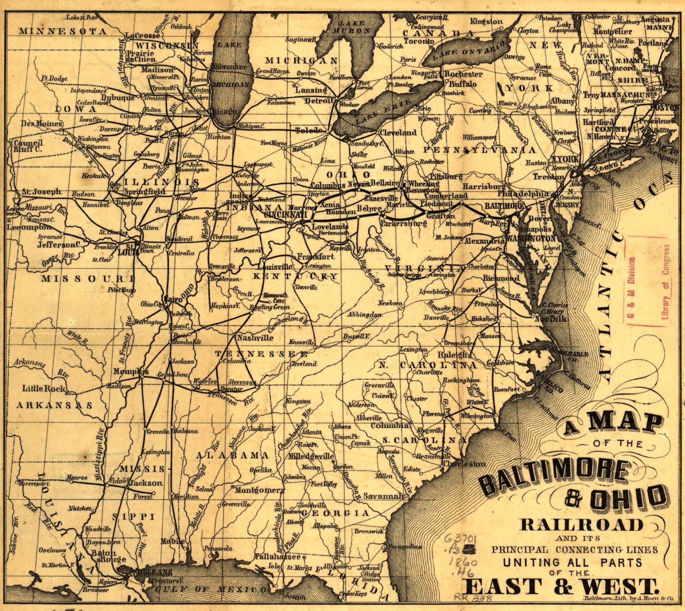 This old map of A Map of the Baltimore & Ohio Railroad and Its Principal Connecting Lines Uniting All Parts of the East & West from 1860 was created by A. Hoen & Co in 1860