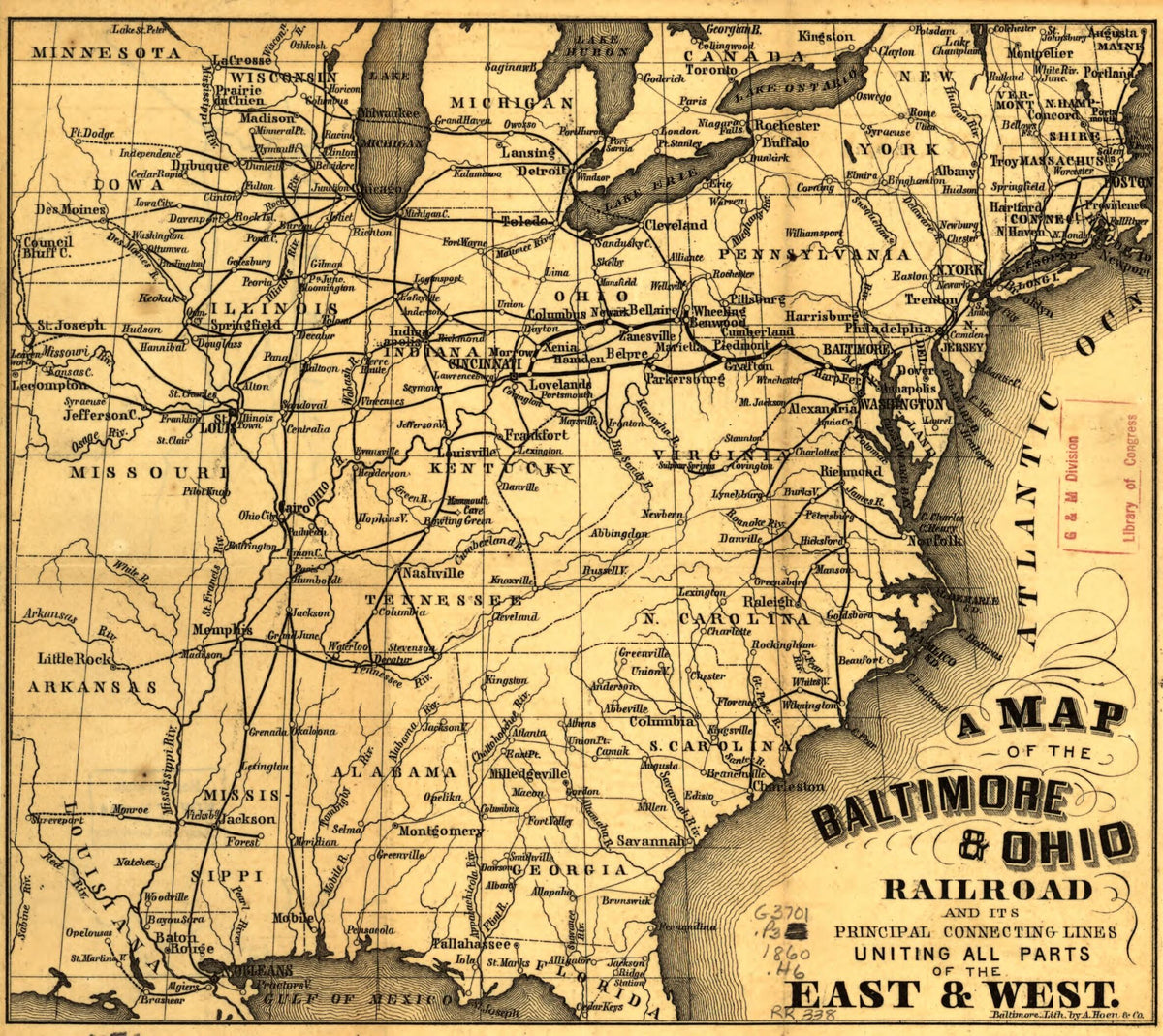 A Map of the Baltimore & Ohio Railroad and Its Principal Connecting Lines Uniting All Parts of the East & West in 1860 by Relic Map Company