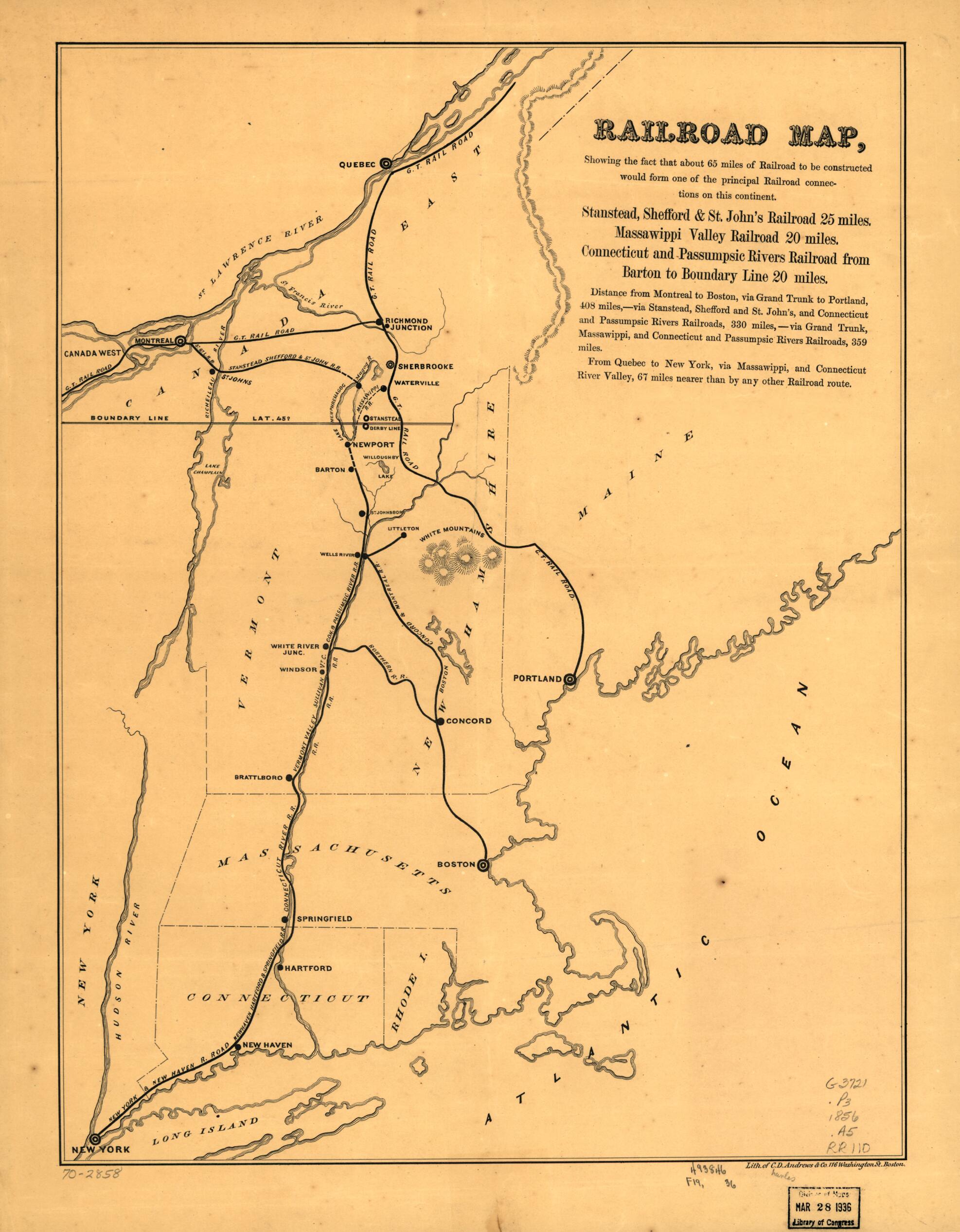 This old map of Railroad Map, Showing the Fact That About 65 Miles of Railroad to Be Constructed Would Form One of the Principal Railroad Connections On This Continent from 1856 was created by C. D. Andrews & Co in 1856