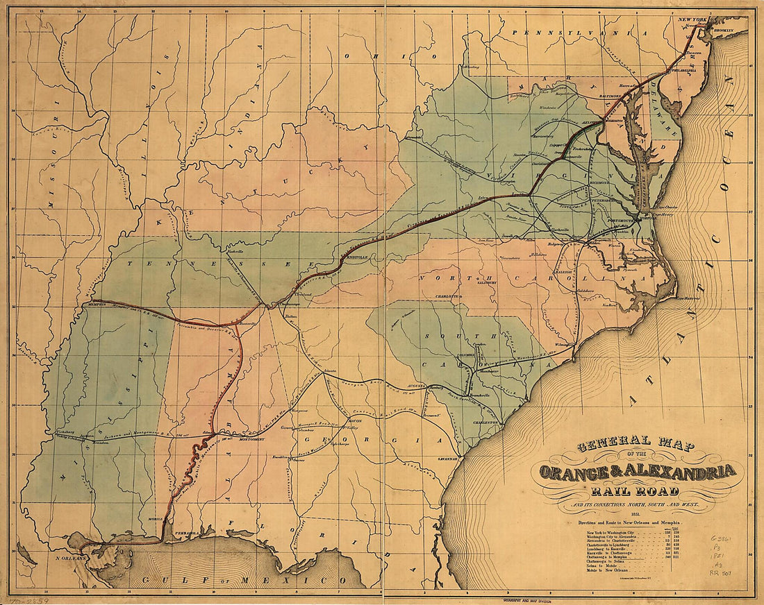 This old map of General Map of the Orange & Alexandria Rail Road and Its Connections North, South, and West from 1851 was created by Ackerman Lithr in 1851