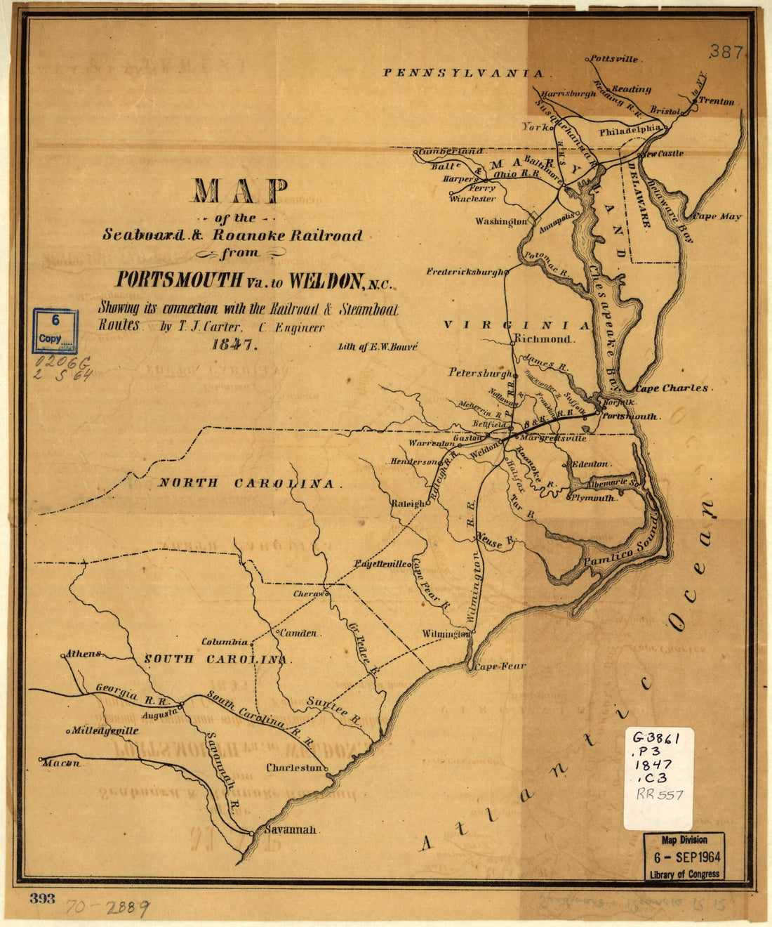 This old map of Map of the Seaboard & Roanoke Railroad from Portsmouth, Va. to Weldon, N.C. Showing Its Connection With Railroad & Steamboat Routes from 1847 was created by Ephraim W. Bouvé, T. J. Carter in 1847