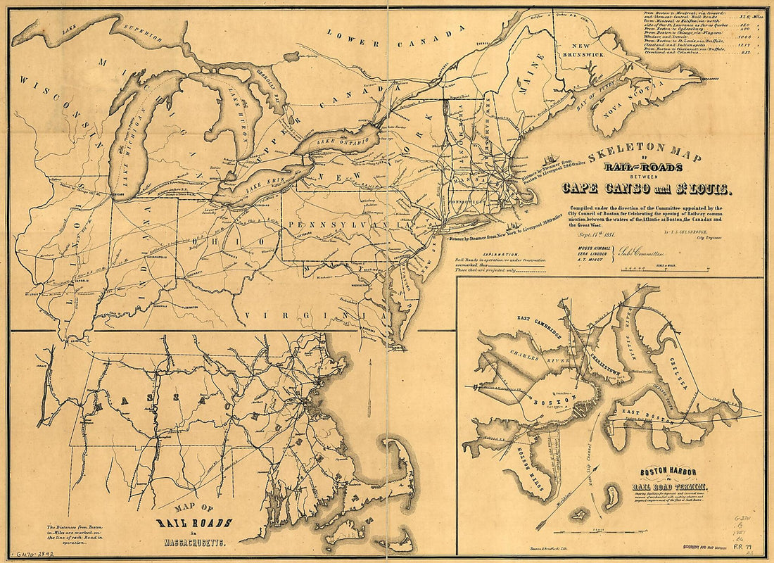 This old map of Roads Between Cape Canso and St. Louis from 1851 was created by Boston (Mass.). Engineering Department, Ellis Sylvester Chesbrough, Tappan & Bradford in 1851