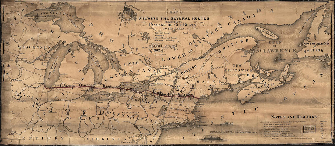 This old map of Map Shewing the Several Routes Proposed for the Passage of Gunboats to the Lakes Via: Erie and Oswego Canal; Champlain Canal; Illinois River and Chicago Canal; Wisconsin, Green Bay Canal from 1862 was created by C. Van Benthuysen & Co, S