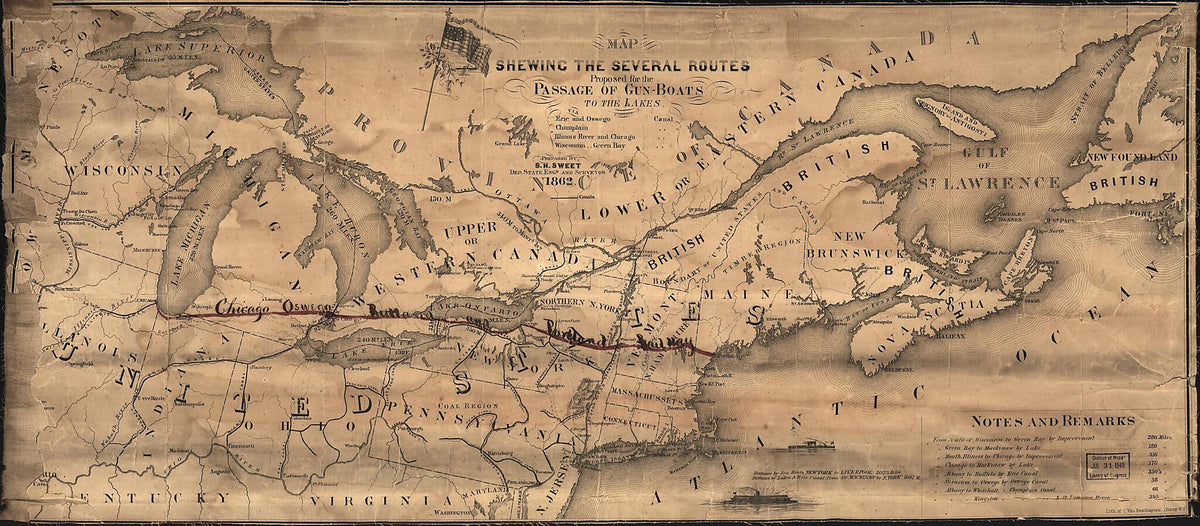 Map Shewing the Several Routes Proposed for the Passage of Gunboats to the Lakes Via: Erie and Oswego Canal; Champlain Canal; Illinois River and Chicago Canal; Wisconsin, Green Bay Canal 1862 by Relic Map Company