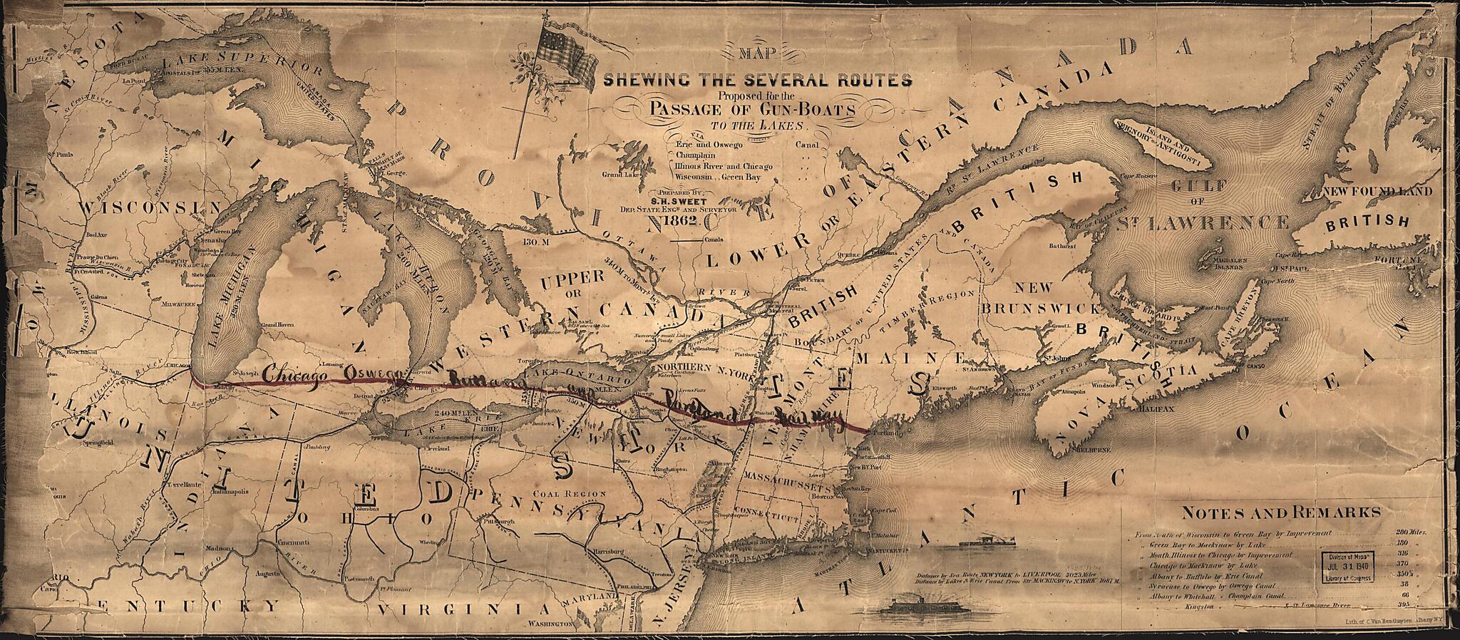 This old map of Map Shewing the Several Routes Proposed for the Passage of Gunboats to the Lakes Via: Erie and Oswego Canal; Champlain Canal; Illinois River and Chicago Canal; Wisconsin, Green Bay Canal from 1862 was created by C. Van Benthuysen & Co, S