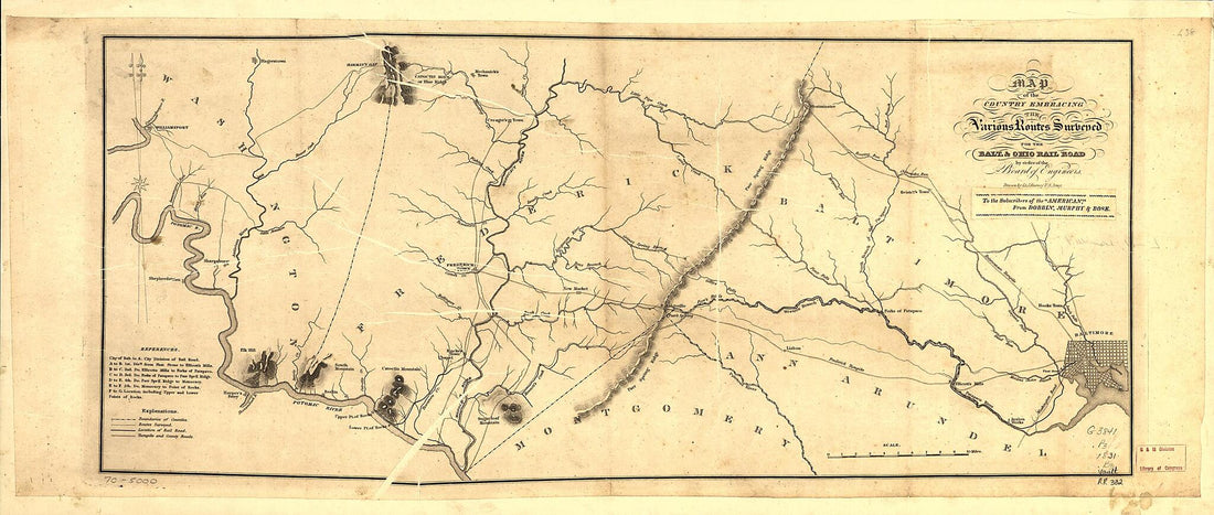 This old map of Map of the Country Embracing the Various Routes Surveyed for the Balt. & Ohio Rail Road by Order of the Board of Engineers from 1831 was created by Joshua Barney in 1831