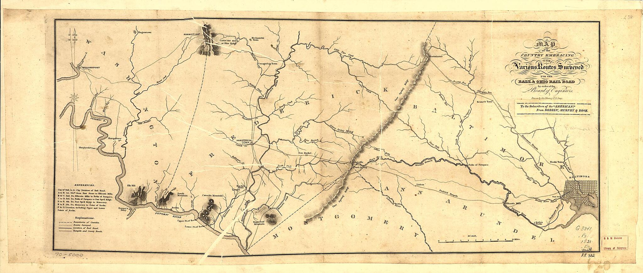 This old map of Map of the Country Embracing the Various Routes Surveyed for the Balt. & Ohio Rail Road by Order of the Board of Engineers from 1831 was created by Joshua Barney in 1831