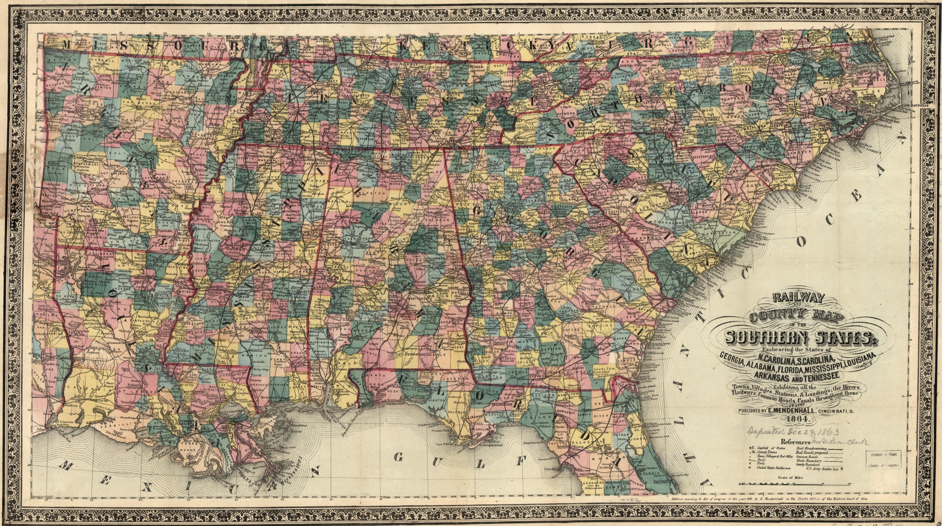 This old map of Railway and County Map of the Southern States; Embracing the States of N. Carolina, S. Carolina, Georgia, Alabama, Florida, Mississippi, Louisiana, Arkansas, and Tennessee Exhibiting All the Towns, Villages, Stations, & Landings; the Rive