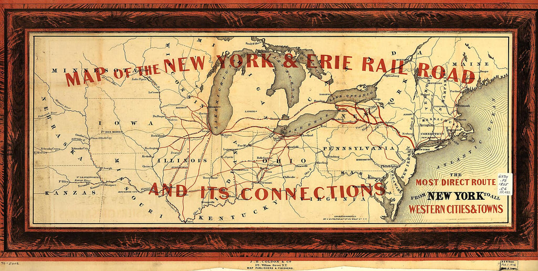 This old map of Map of New York & Erie Rail Road and Its Connections; the Most Direct Route from New York to All Western Cities and Towns from 1855 was created by J. H. (Joseph Hutchins) Colton in 1855