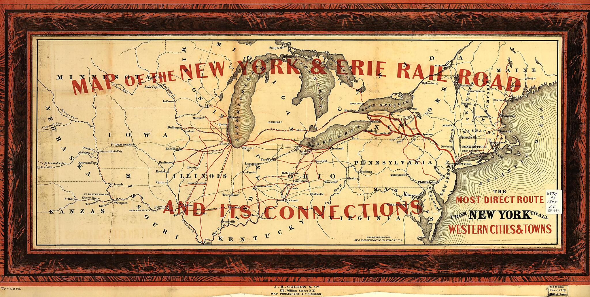 This old map of Map of New York & Erie Rail Road and Its Connections; the Most Direct Route from New York to All Western Cities and Towns from 1855 was created by J. H. (Joseph Hutchins) Colton in 1855